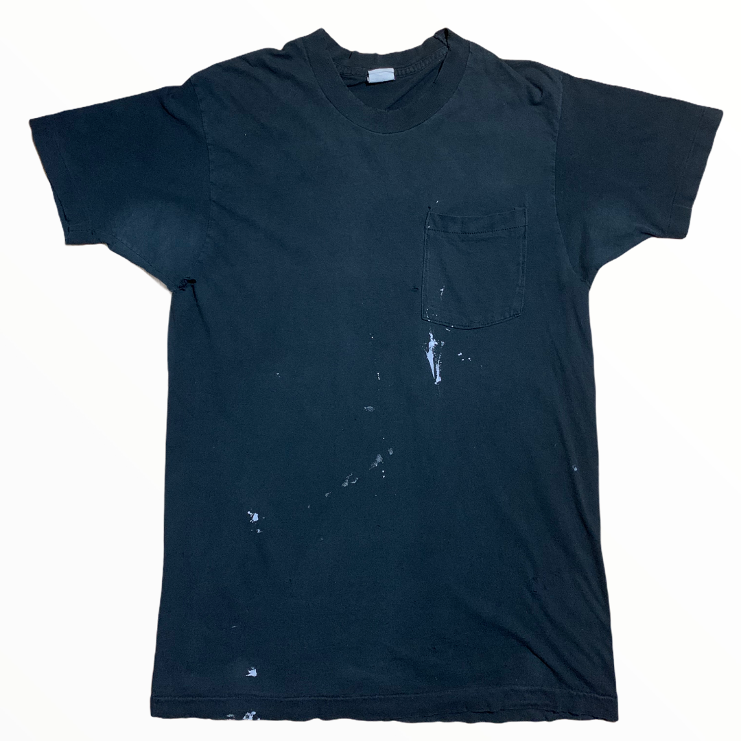 Faded Black Pocket T-Shirt with White Paint - L
