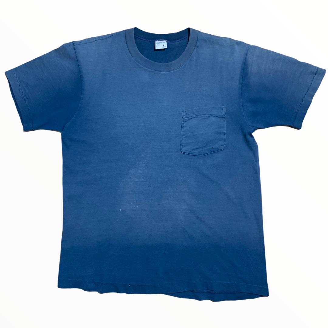 Sun Faded Dyed Navy Pocket T-Shirt Single Stitch - S