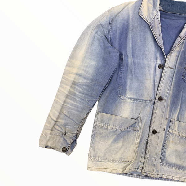 1960s Sun Drenched Moleskin French Workwear Jacket - Blue