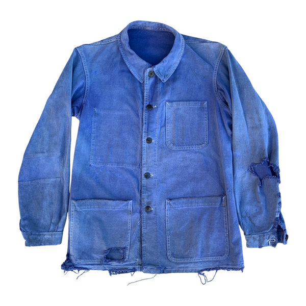 1950s Distressed French Moleskin Work Jacket w/ Contrast Stitching - Faded  Blue - L