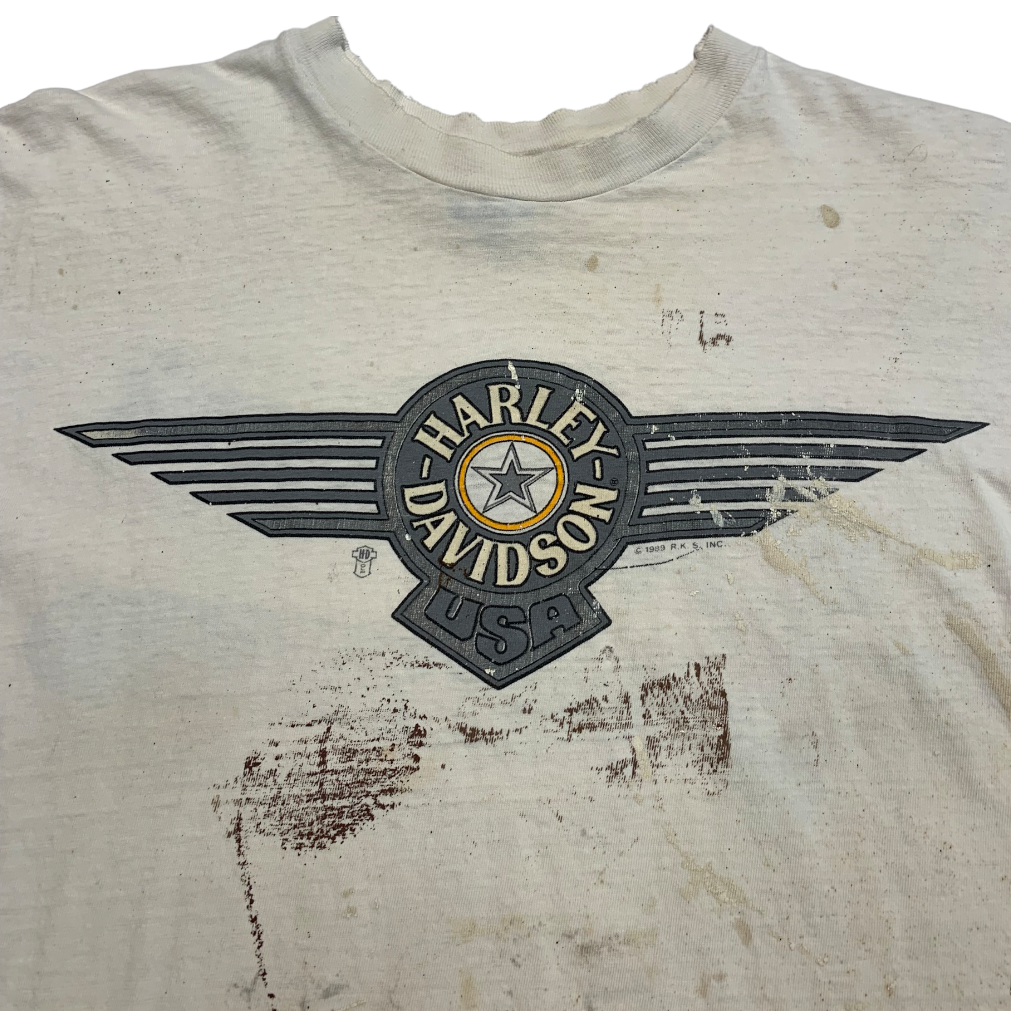 1989 Thrashed Harley Davidson T-Shirt - Aged White/Cream - L/XL