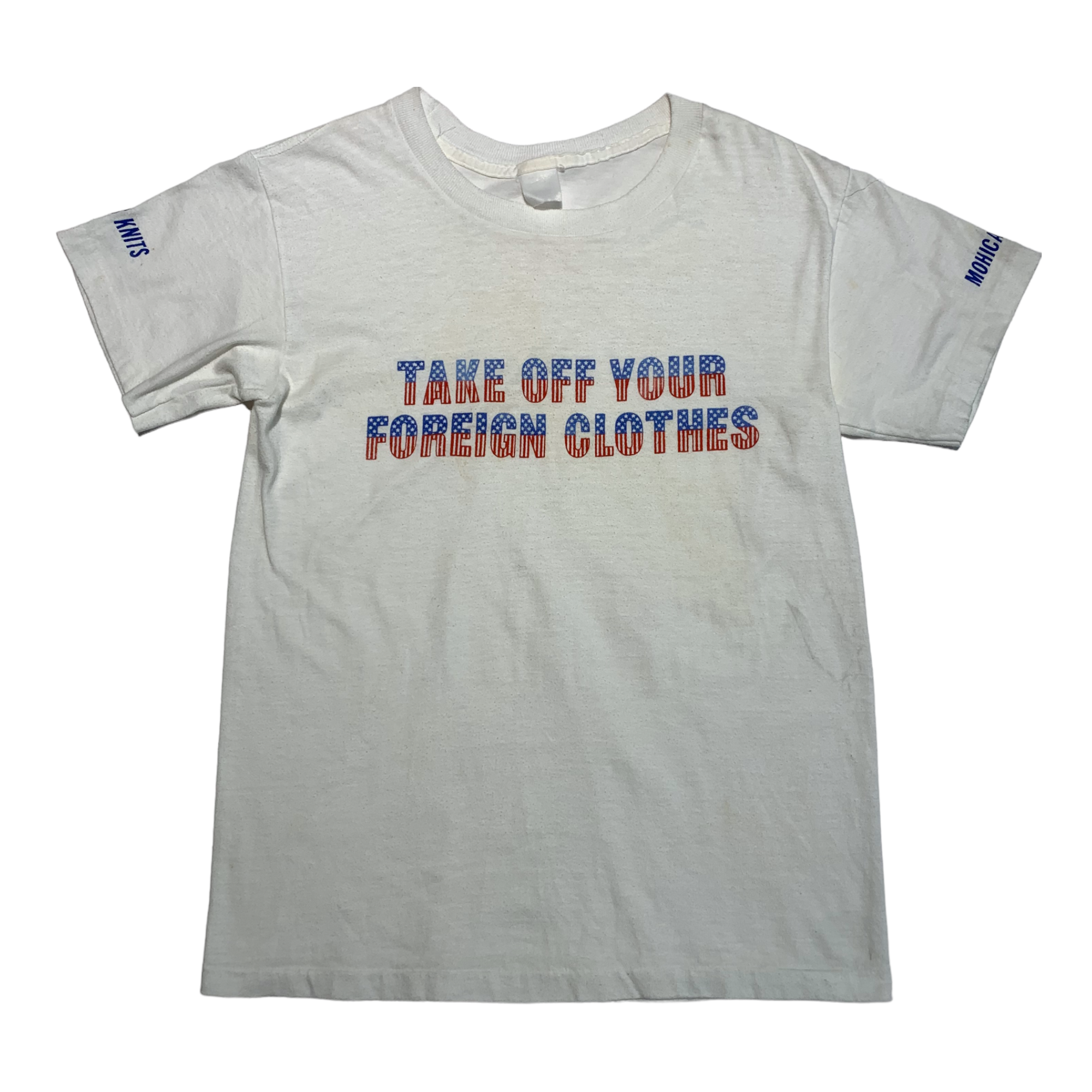 ‘Take Off Your Foreign Clothes’ 80s Textile Industry T-Shirt - Aged White - XS/S