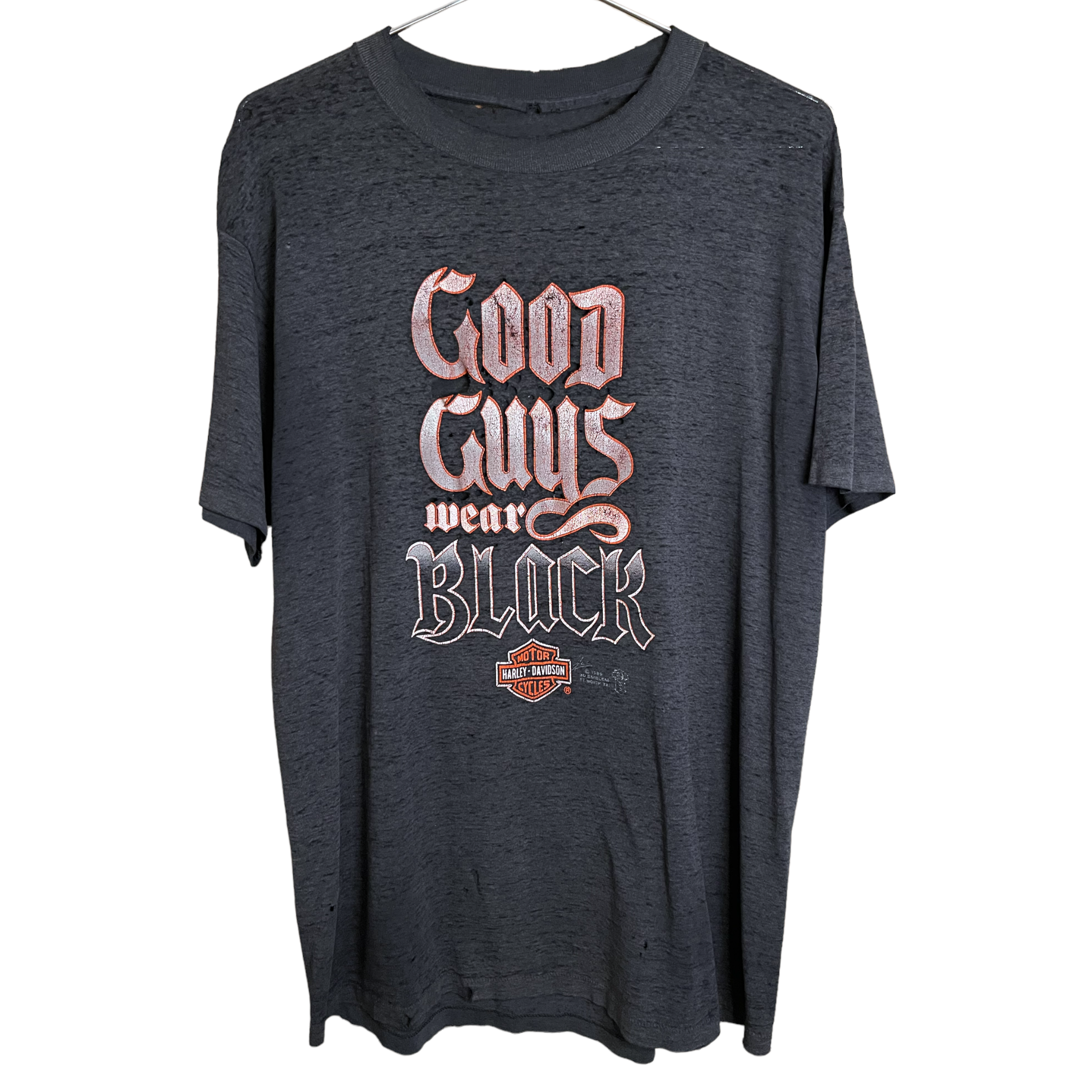1989 Good Guys Wear Black Harley-Davidson Distressed T-Shirt - Faded Black - XL