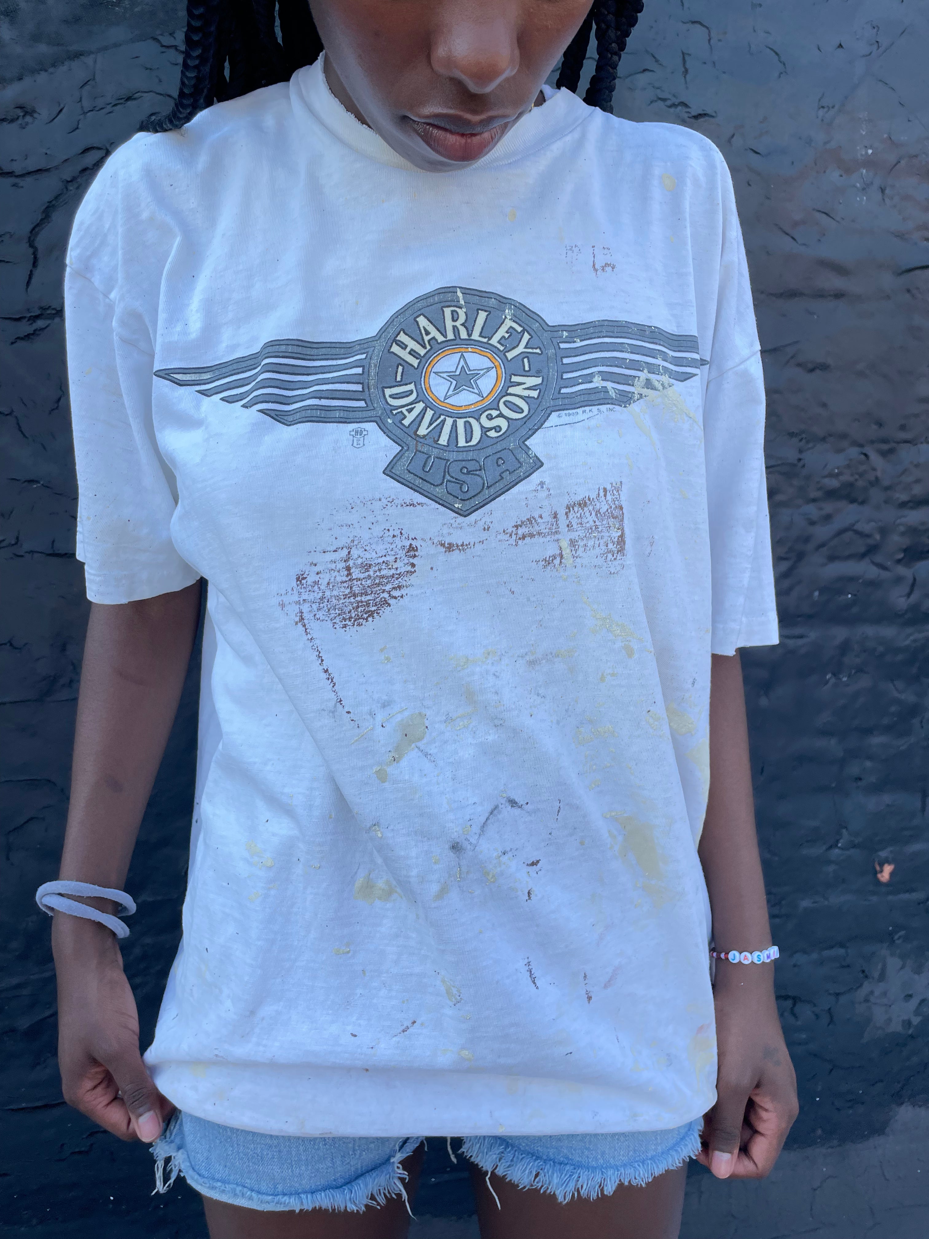 1989 Thrashed Harley Davidson T-Shirt - Aged White/Cream - L/XL