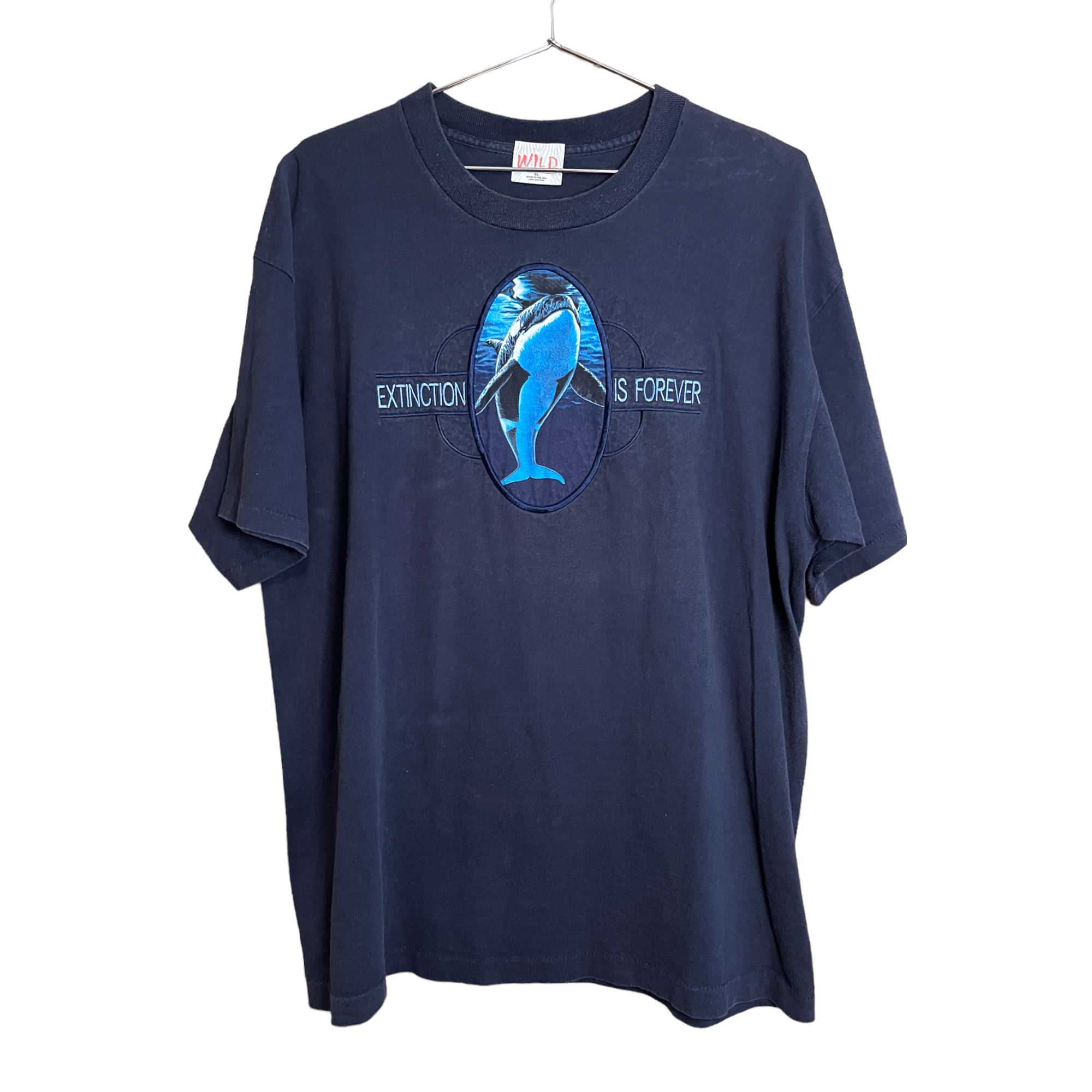 90s ‘Extinction is Forever’ Orca Whale Embroidered T-Shirt - Navy Blue - XL