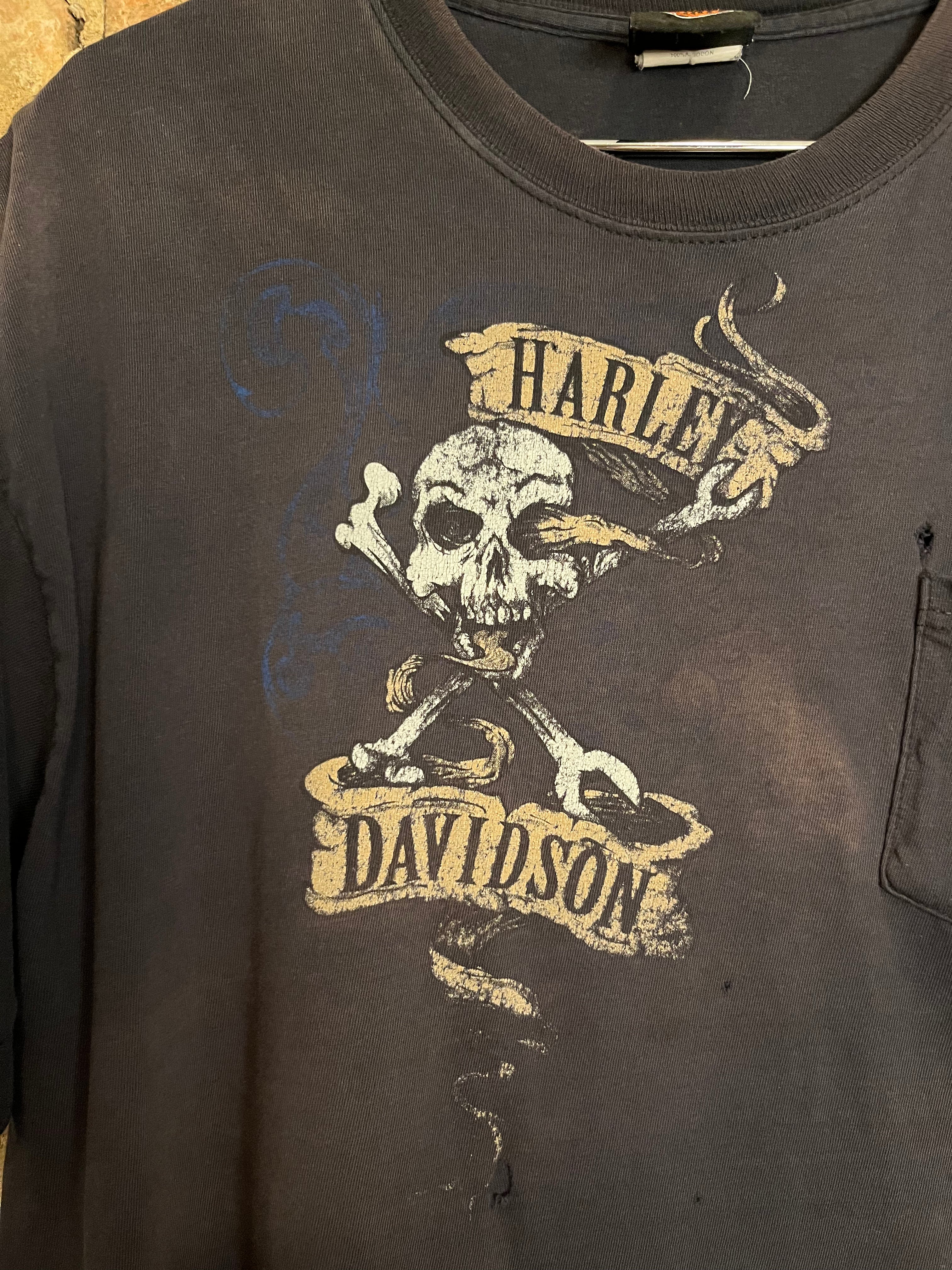 Harley-Davidson Skull Distressed Biker Pocket T-Shirt - Faded Black - L/XL