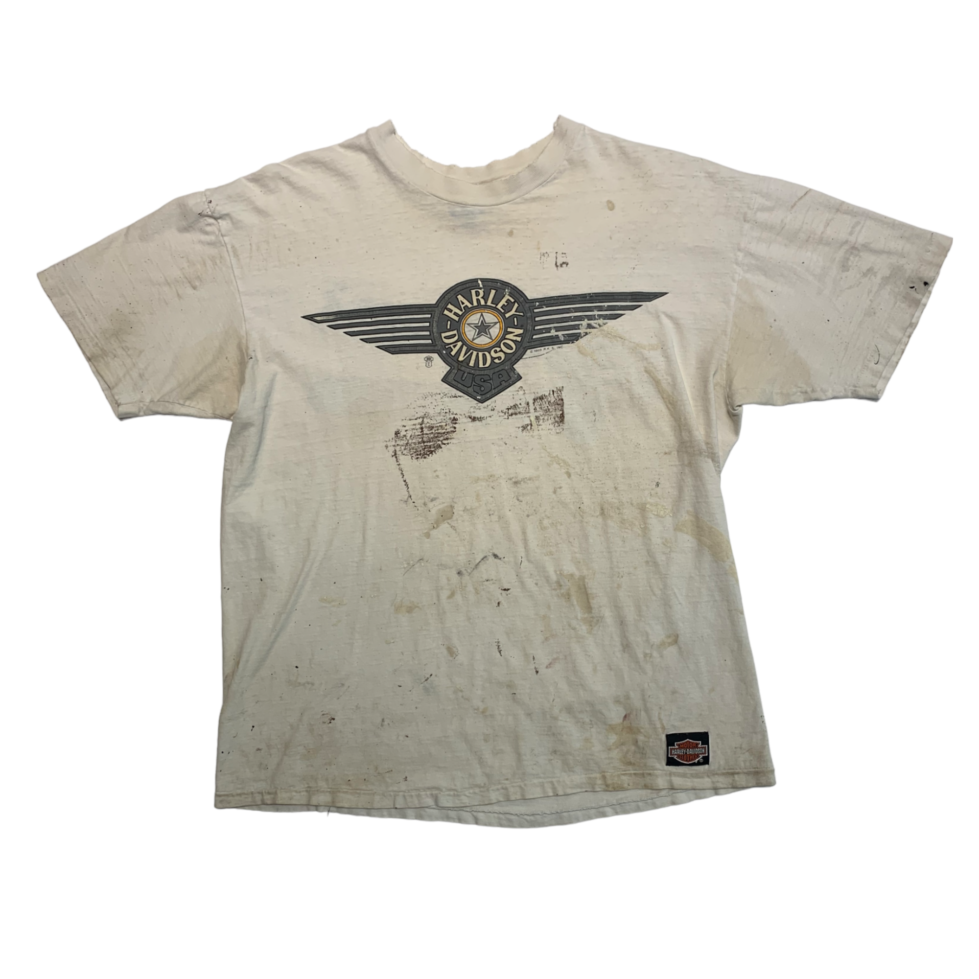 1989 Thrashed Harley Davidson T-Shirt - Aged White/Cream - L/XL