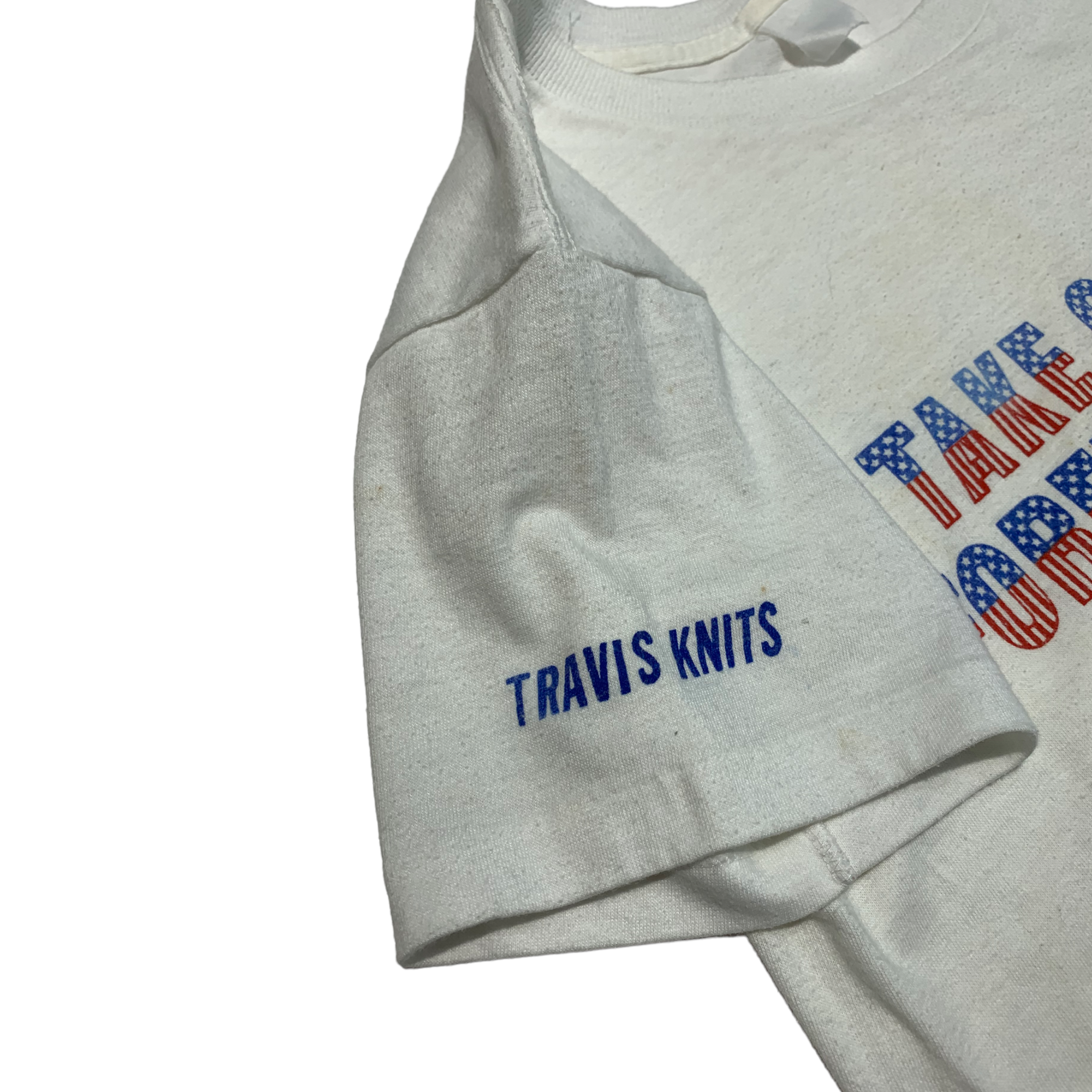‘Take Off Your Foreign Clothes’ 80s Textile Industry T-Shirt - Aged White - XS/S