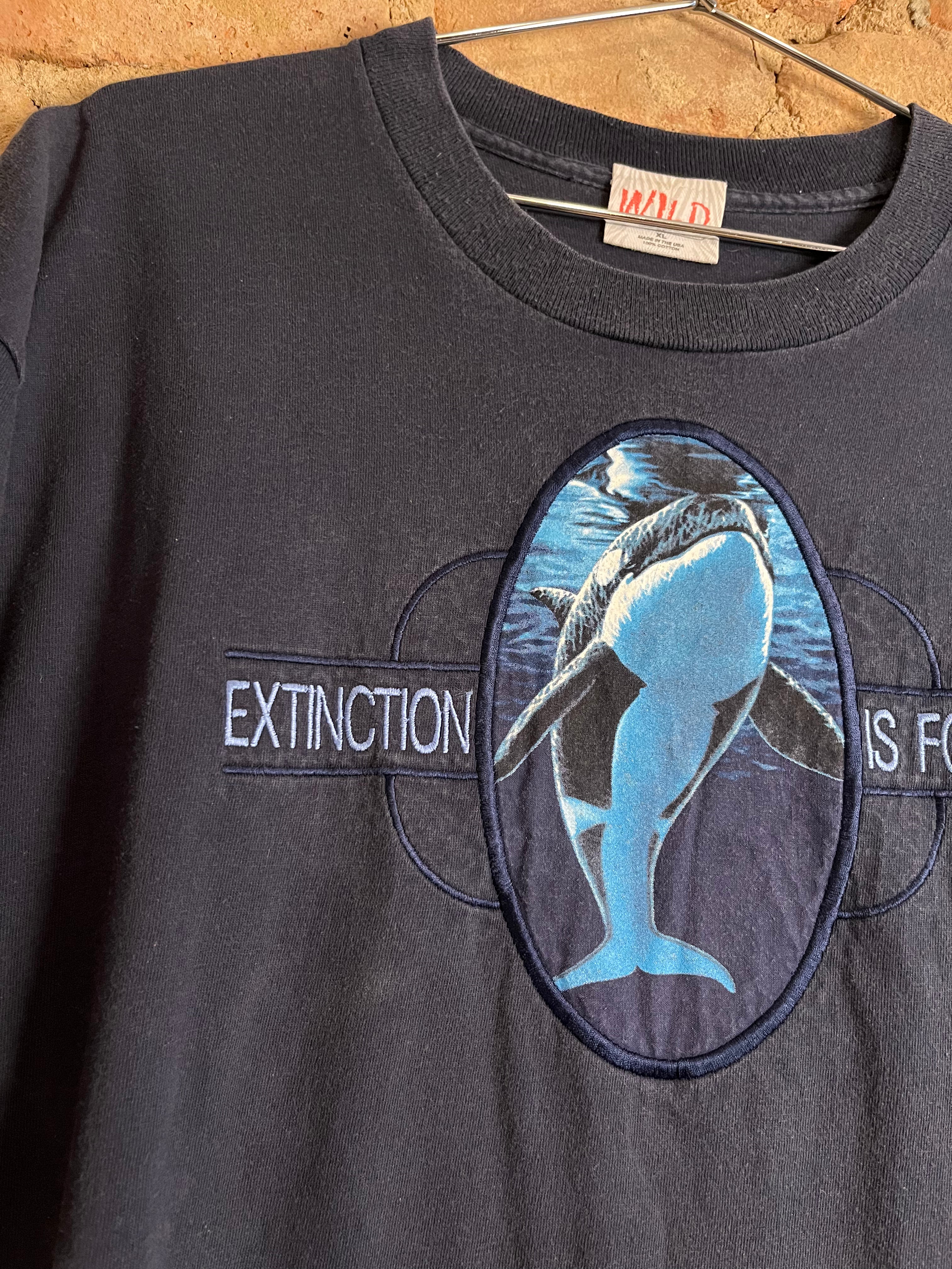 90s ‘Extinction is Forever’ Orca Whale Embroidered T-Shirt - Navy Blue - XL