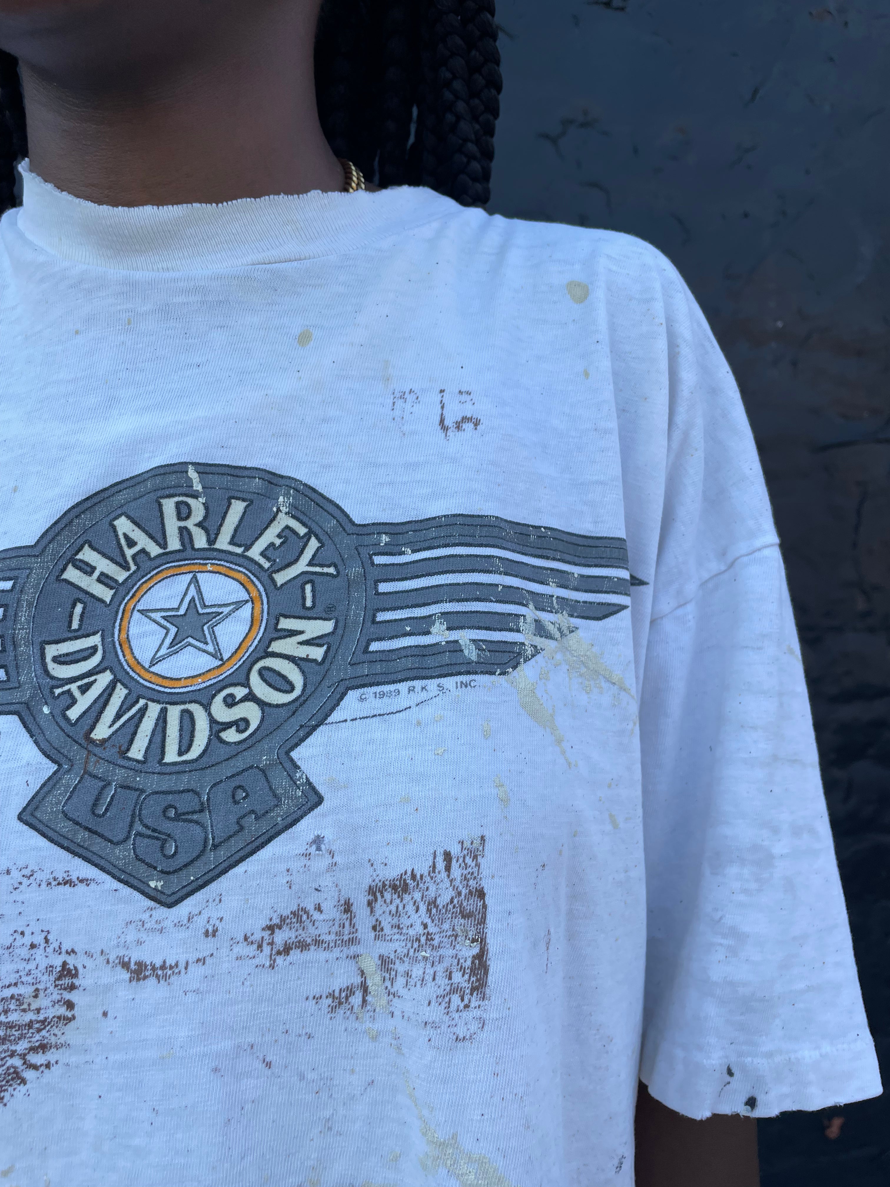 1989 Thrashed Harley Davidson T-Shirt - Aged White/Cream - L/XL