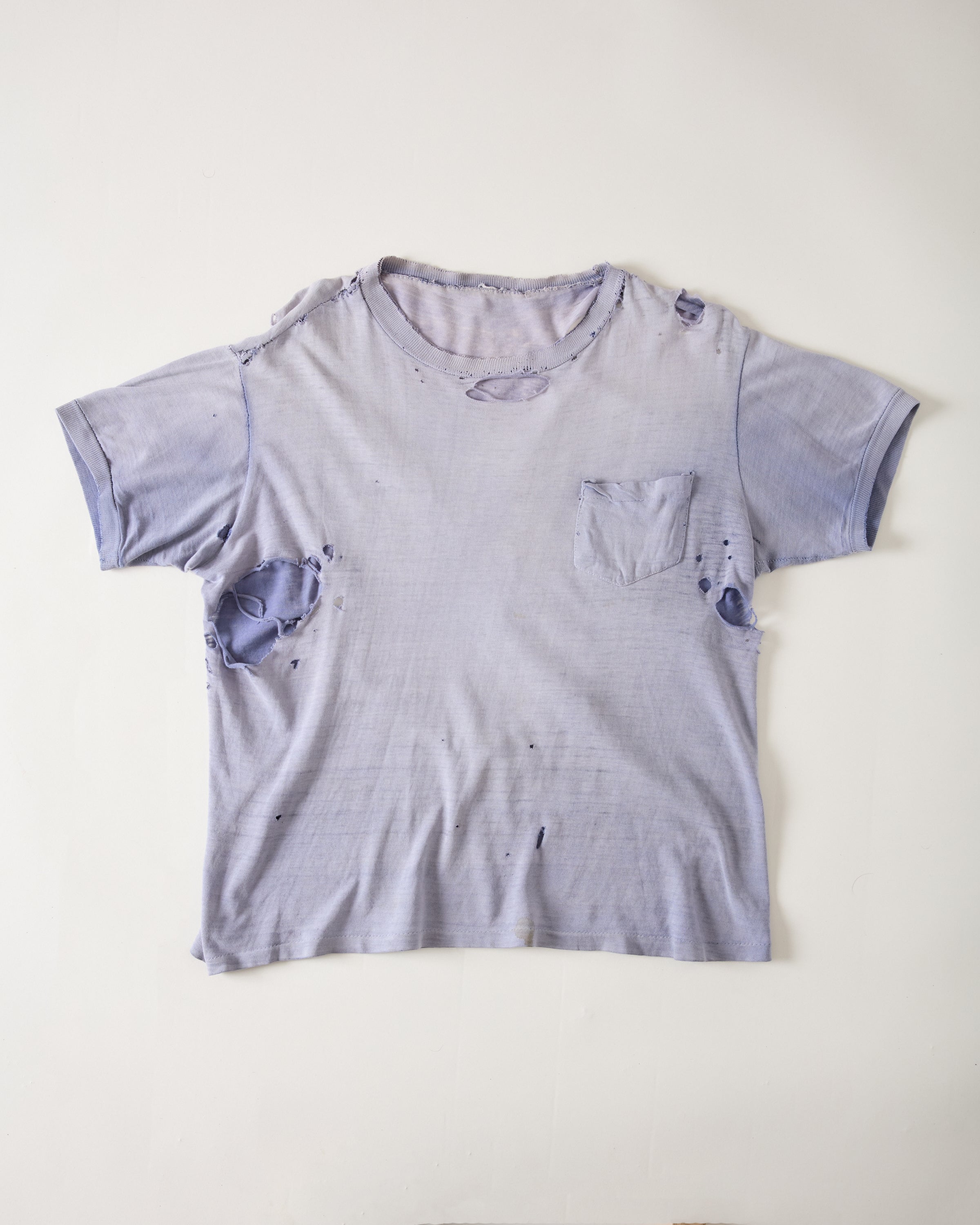 1970s Thrashed-Back Pocket T-Shirt - Faded Periwinkle - M/L