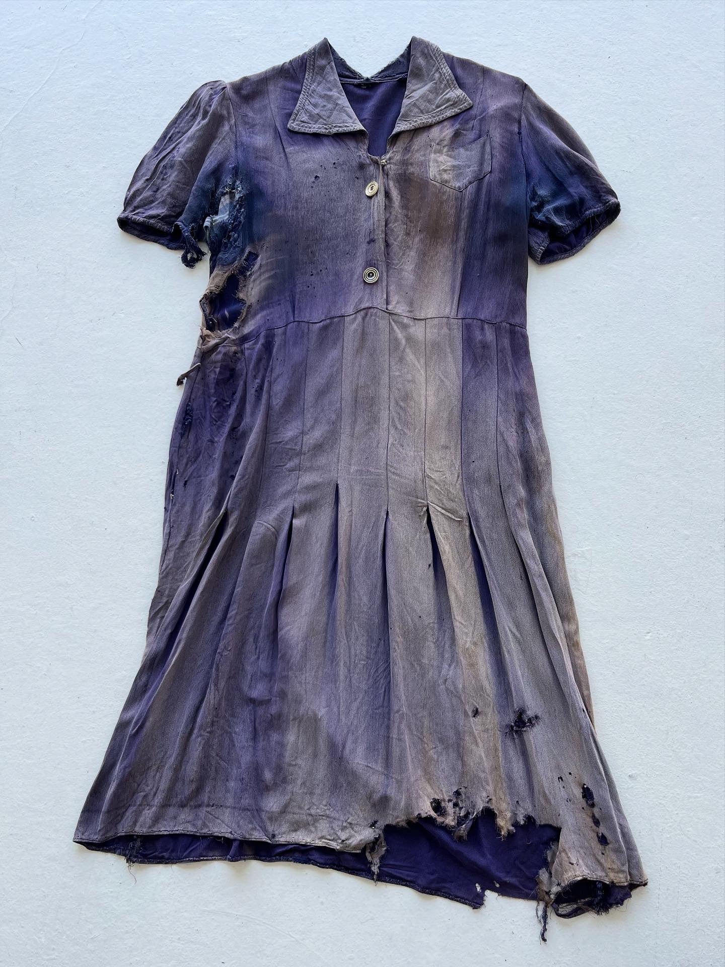 1930s Sun Faded, Thrashed & Repaired Cotton-Linen Farm Dress - Faded Purple - One Size