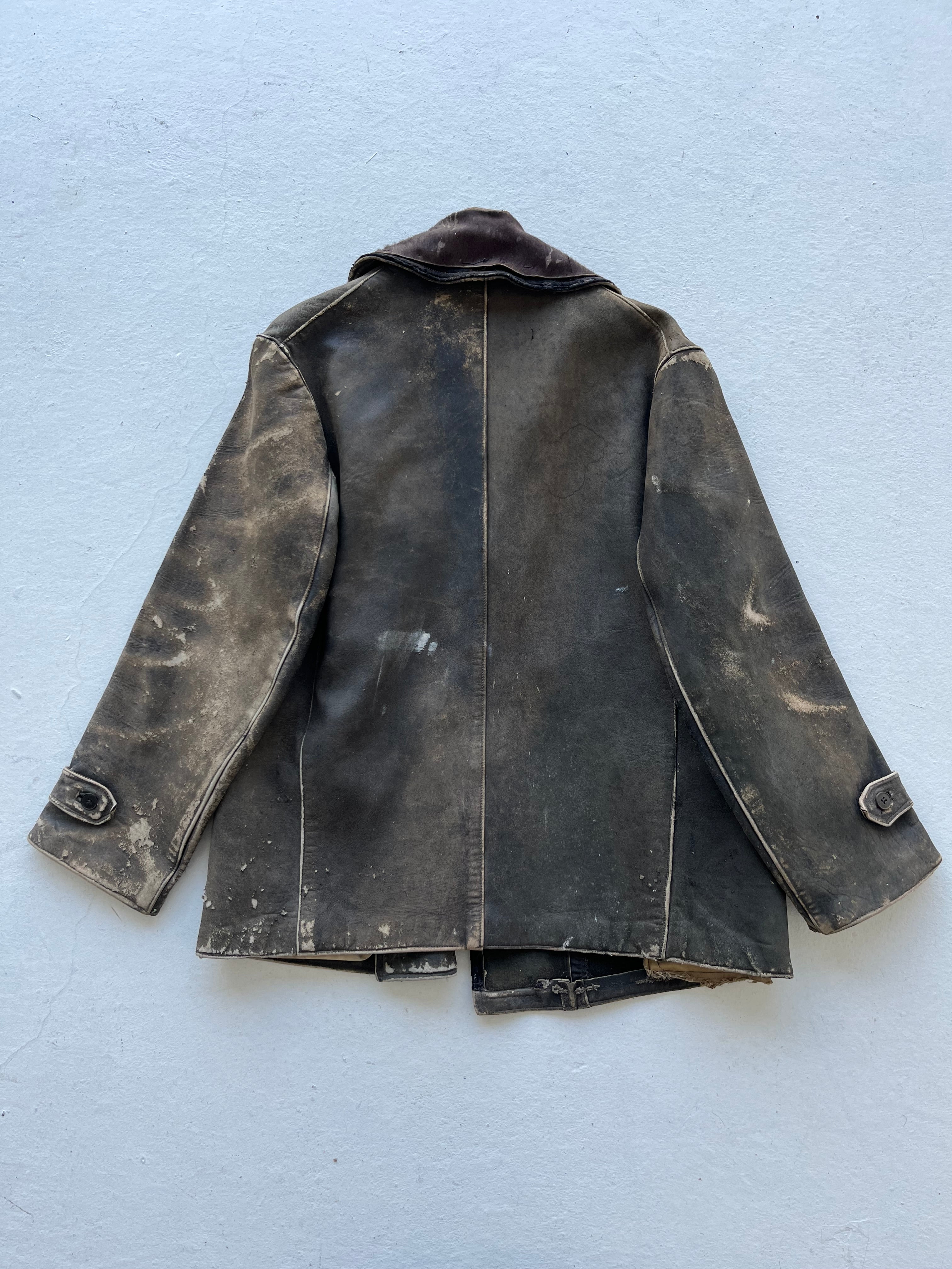 1920/30s Distressed French Leather Coat with Horsehair Collar - Faded Black/Tan - M/L