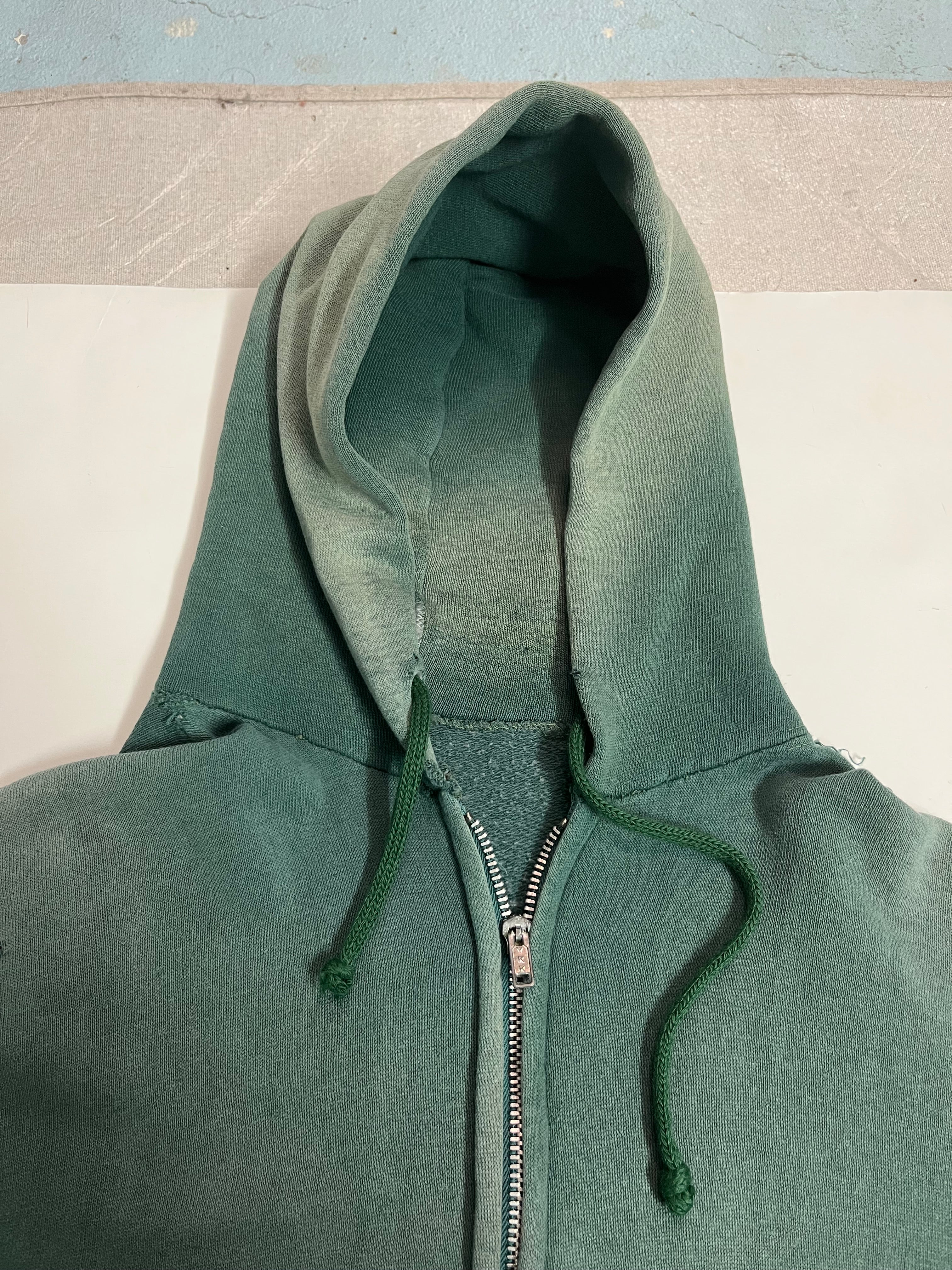 Sun Faded Early ‘70s Zip Hoodie With Repairs - Faded Green - S/M