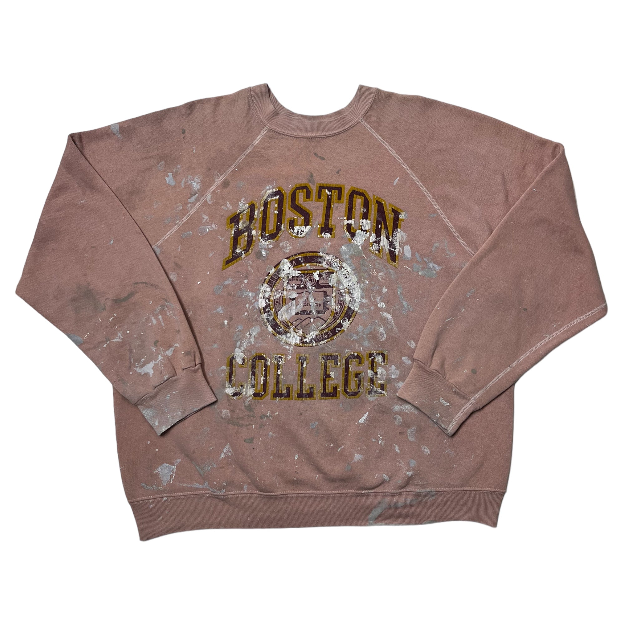 1970s Boston College Raglan Painter Crewneck Sweatshirt - Faded Salmon/Dusty Pink - XL