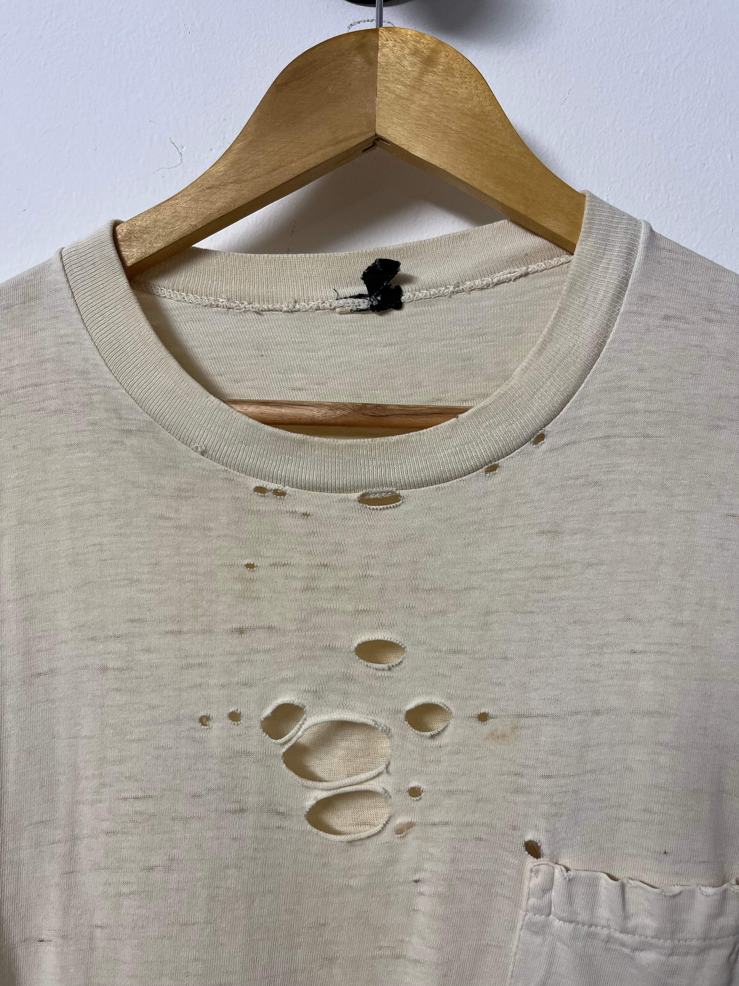 1960s White Thrashed Pocket T-Shirt - Aged White - L