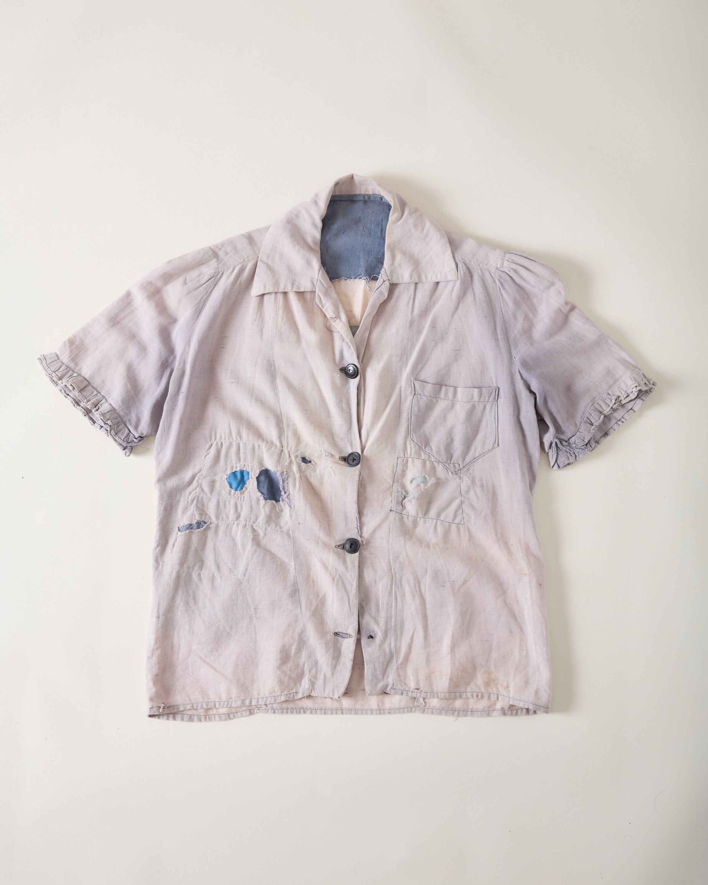 1940/50s Distressed & Repaired Women’s Linen Work Shirt - Faded Mauve/Grey - S/M