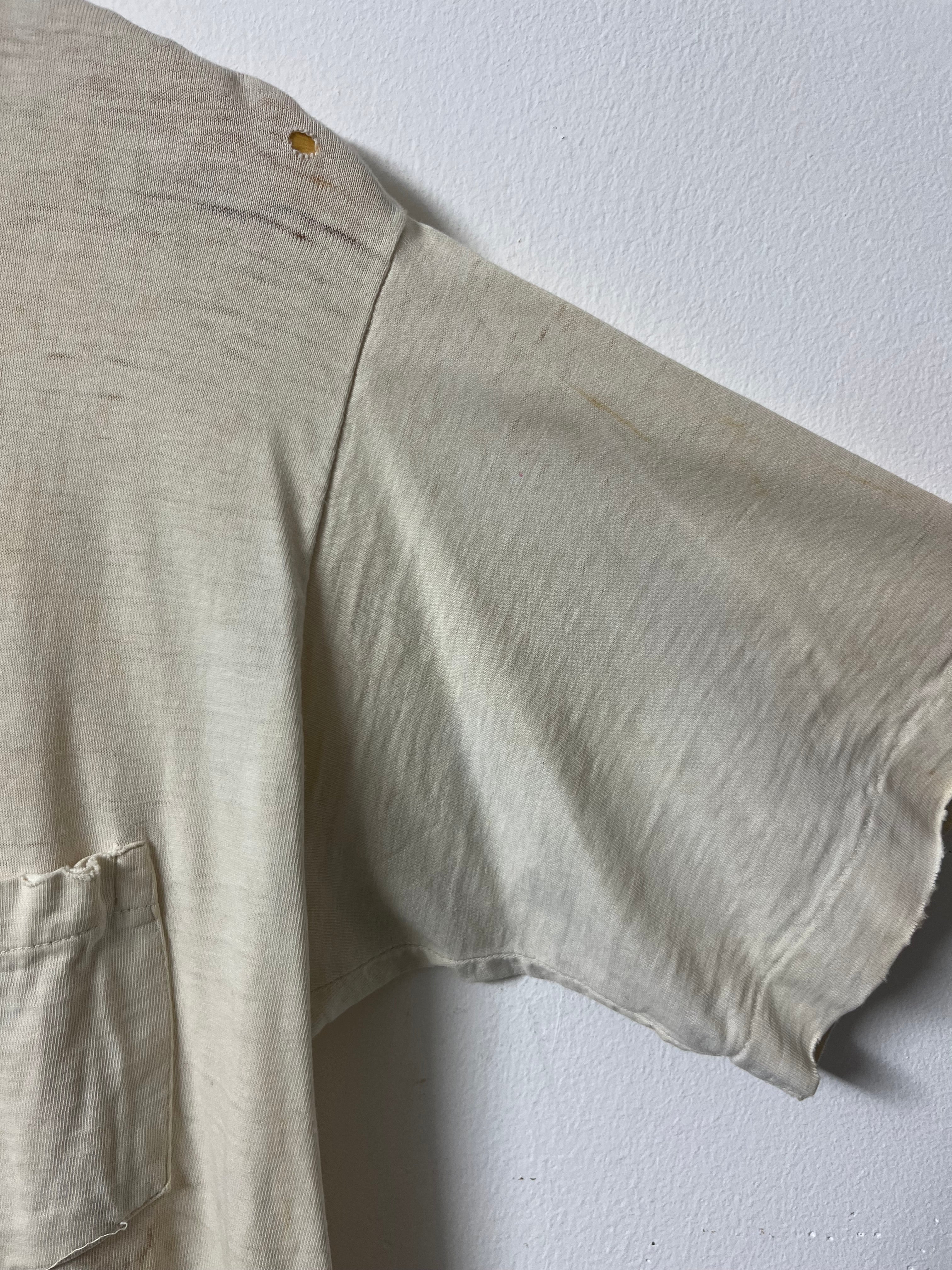 1960s White Thrashed Pocket T-Shirt - Aged White - L