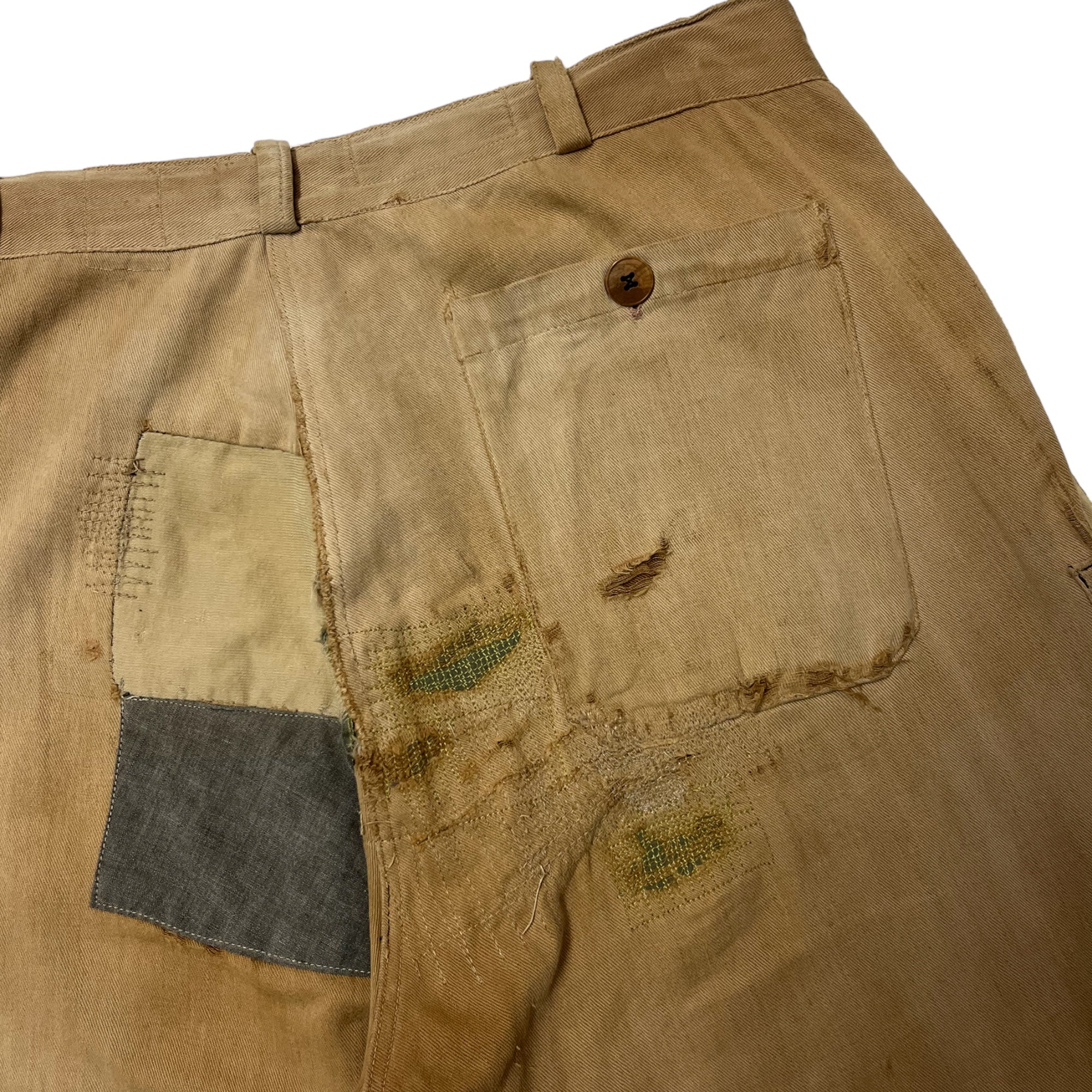 1930s Au Molinel French Tan Moleskin Heavily Repaired Work Trousers - Faded Tan - 30/27