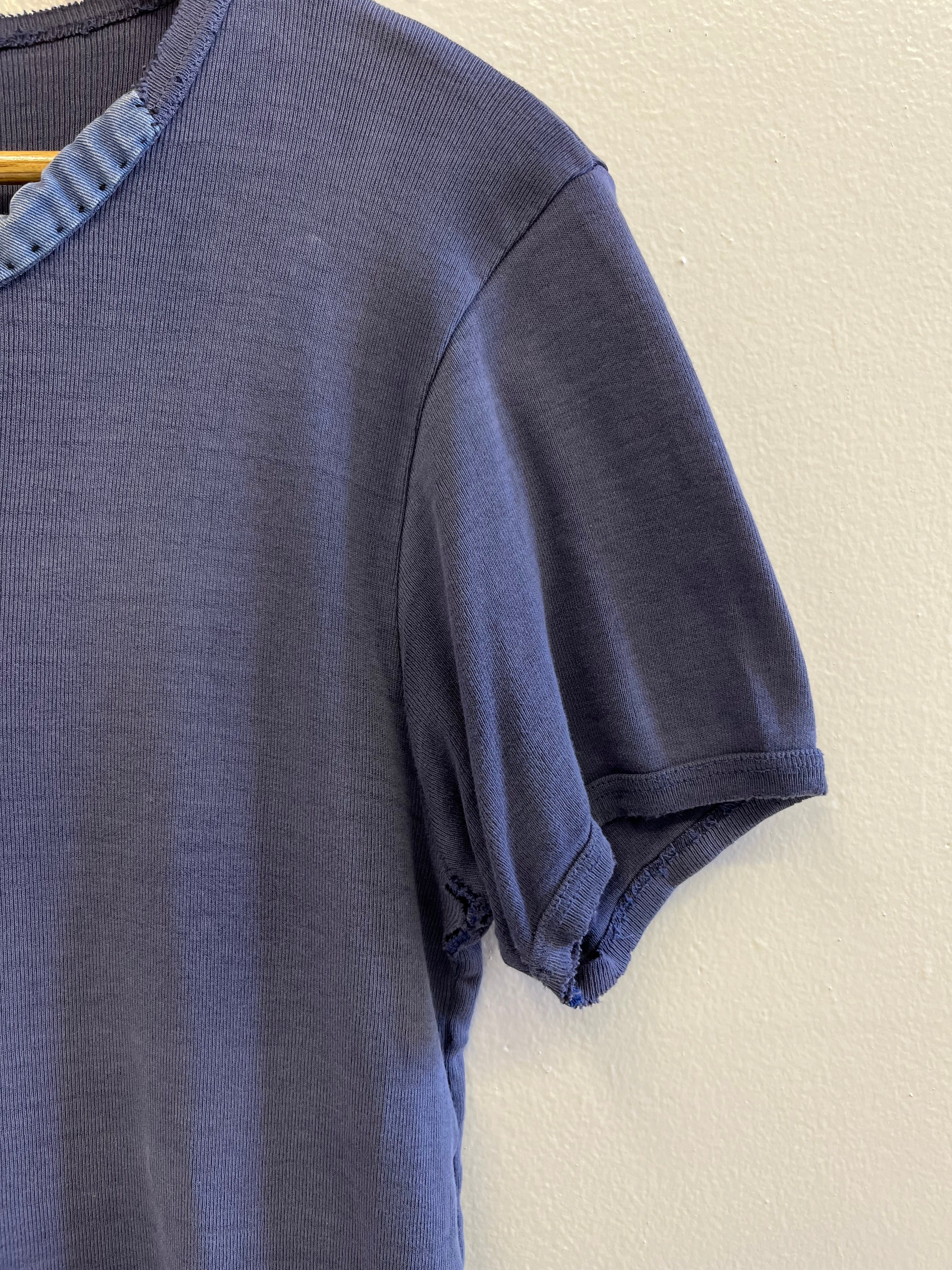 1940/50s Distressed & Repaired French Ribbed Work T-Shirt - Faded Indigo Blue - S/M