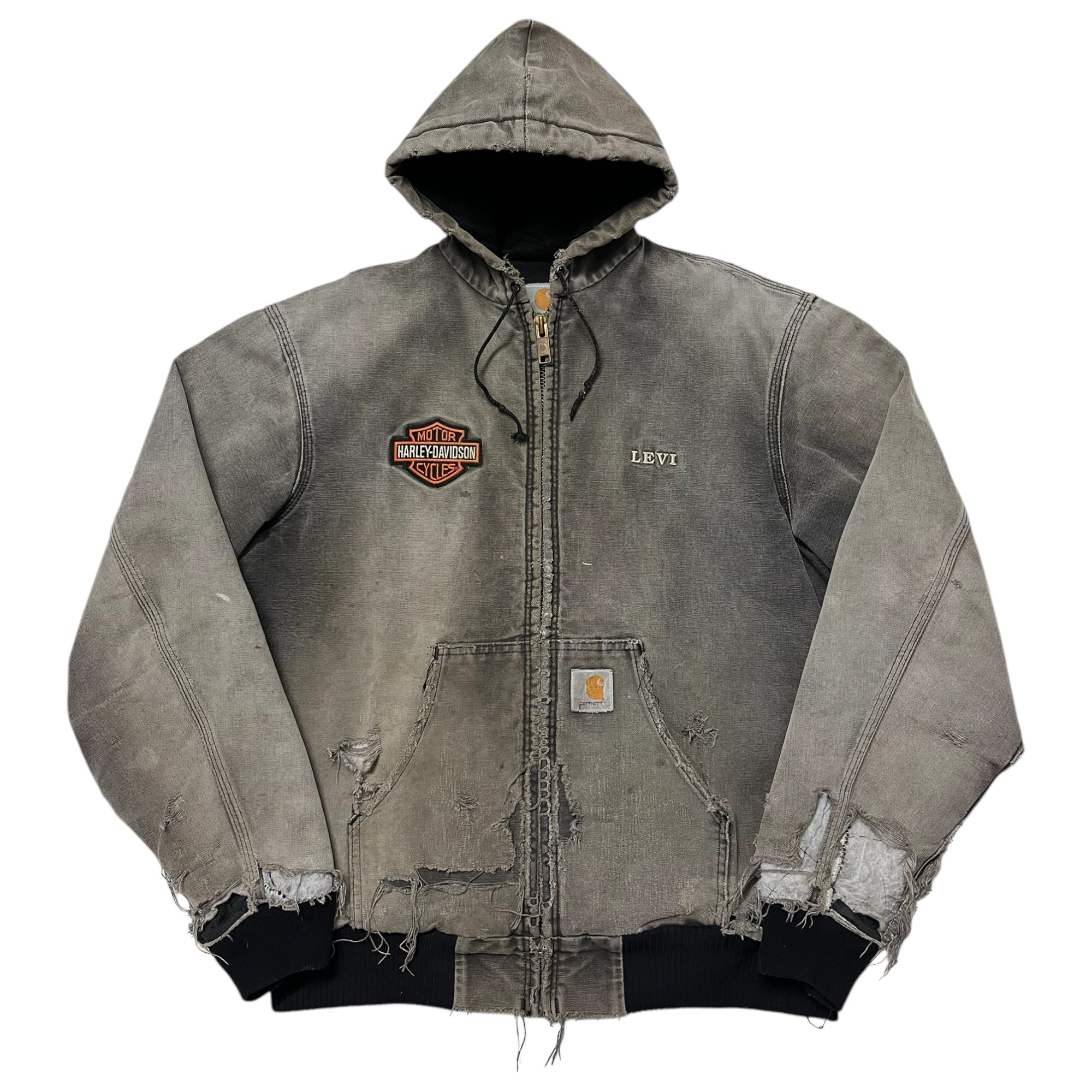 1990s Distressed & Faded Carhartt Harley-Davidson ‘Levi’ Active Jacket - Faded Black/Charcoal - L/LT/XL