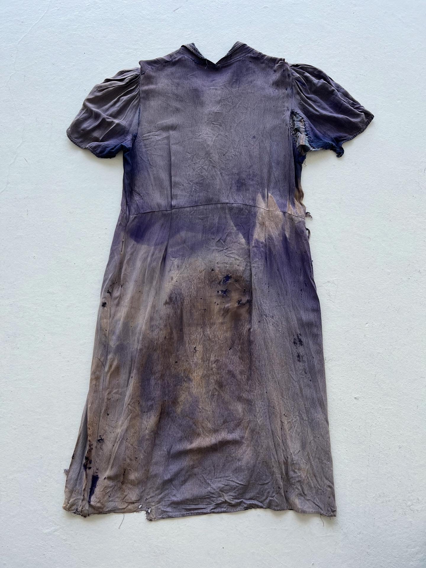 1930s Sun Faded, Thrashed & Repaired Cotton-Linen Farm Dress - Faded Purple - One Size