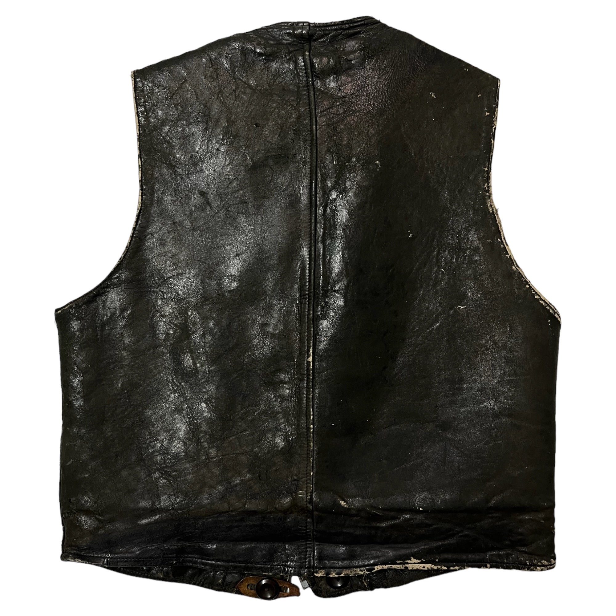 1930s Leather Shearling-Lined Vest with Fishing-Line Repair - Distressed Black - XS/S