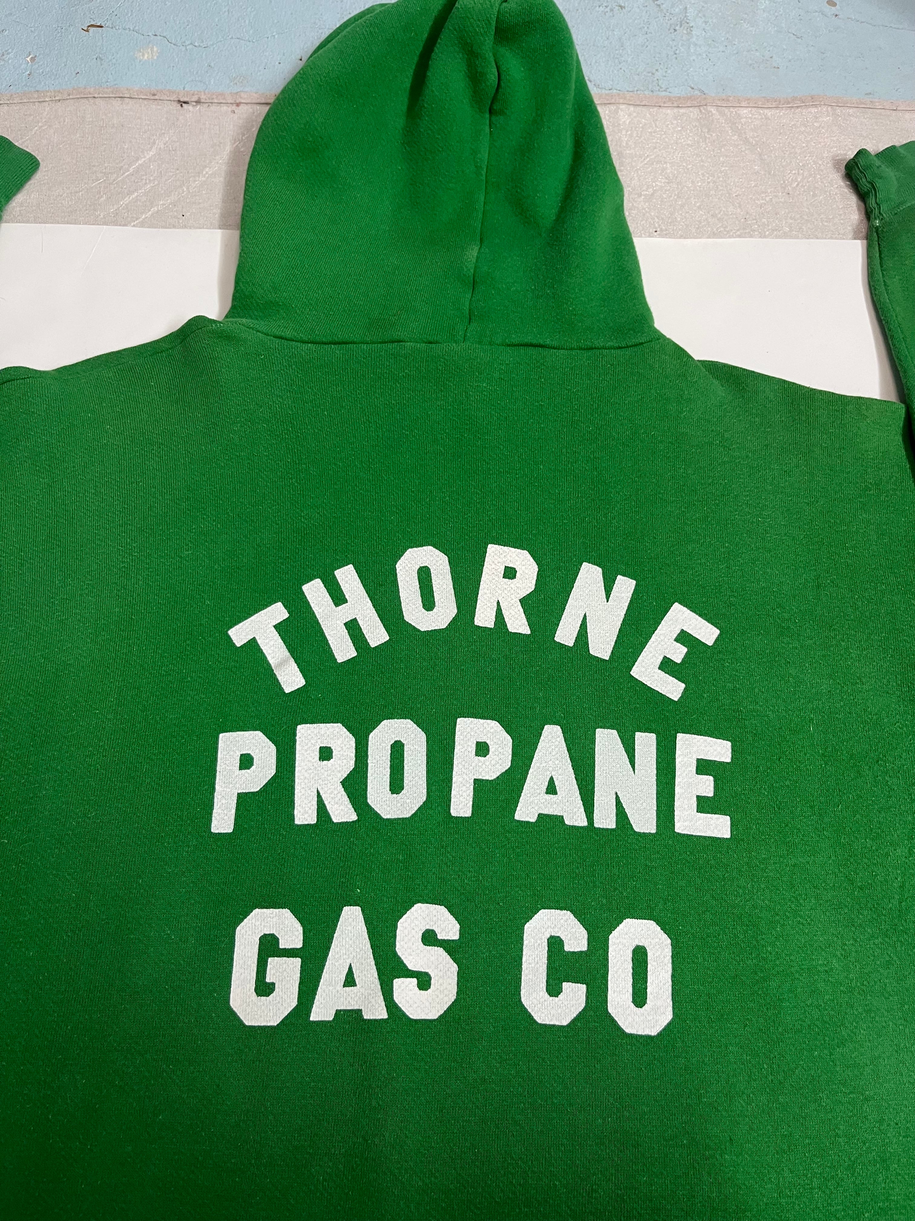 1970s Russell Gold Tag, Thorne Propane Hooded Sweatshirt - Kelly Green - L/XL