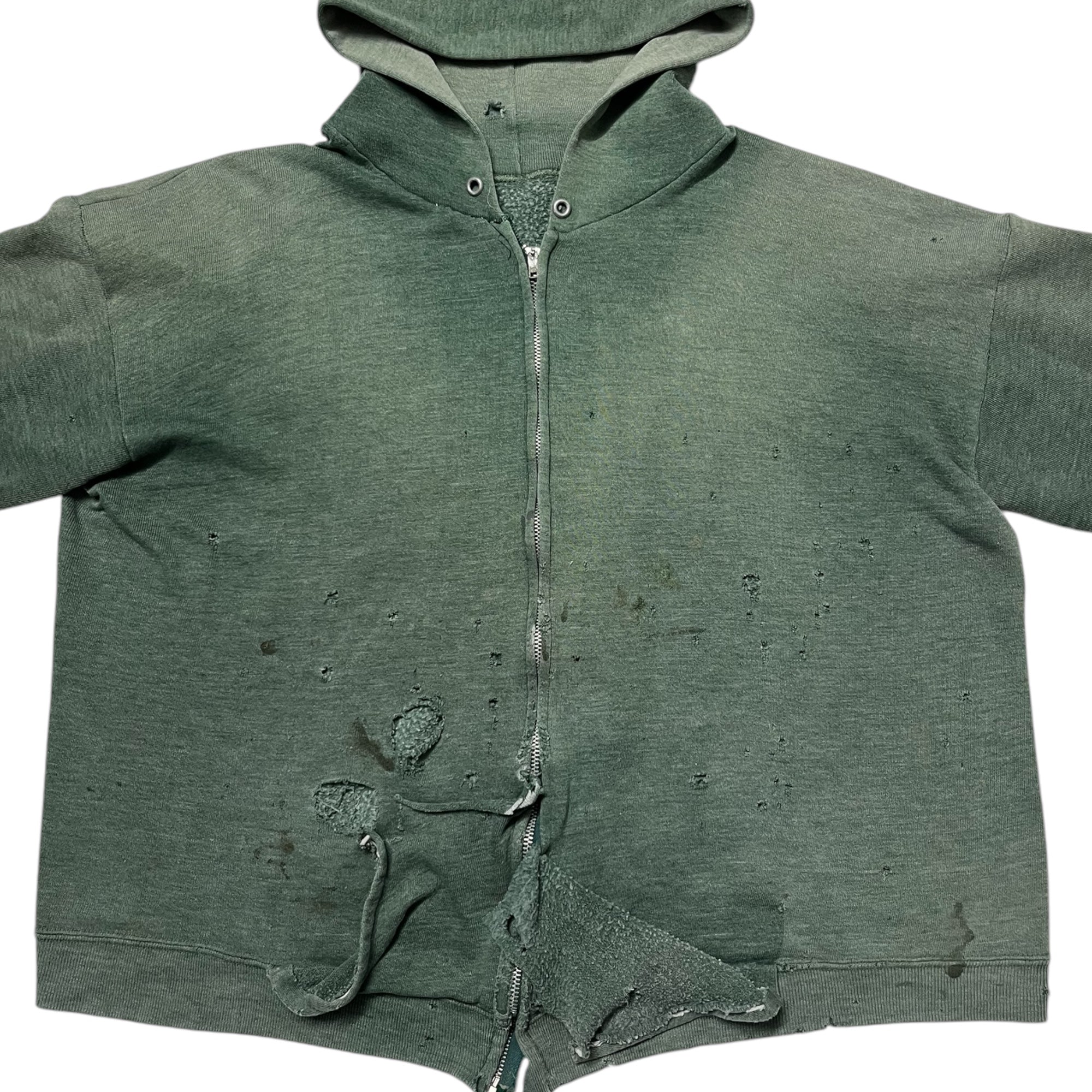 1970s Thrashed Zip-Up Hooded Sweatshirt -Sun Faded Forest Green - M/L