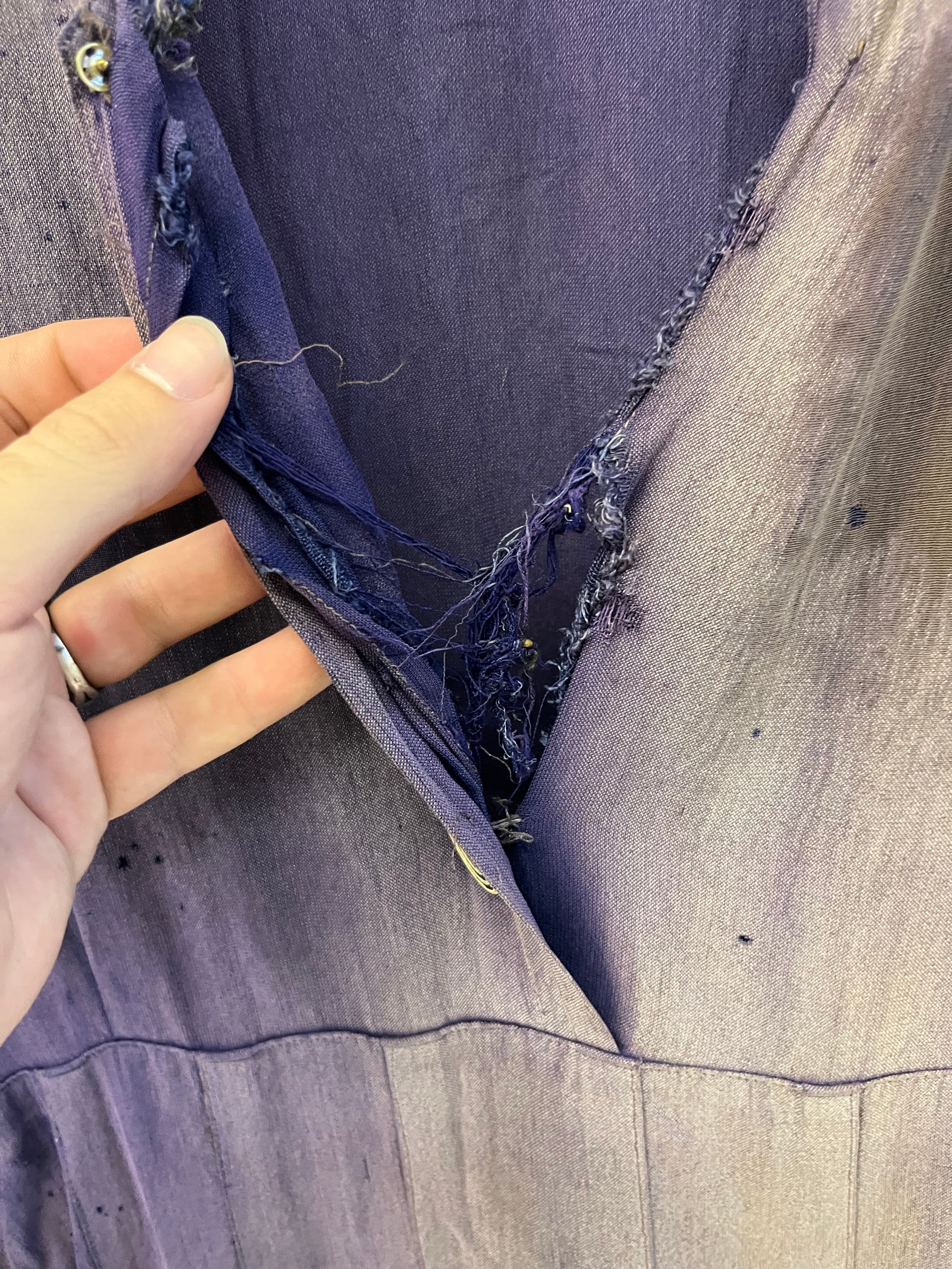 1930s Sun Faded, Thrashed & Repaired Cotton-Linen Farm Dress - Faded Purple - One Size