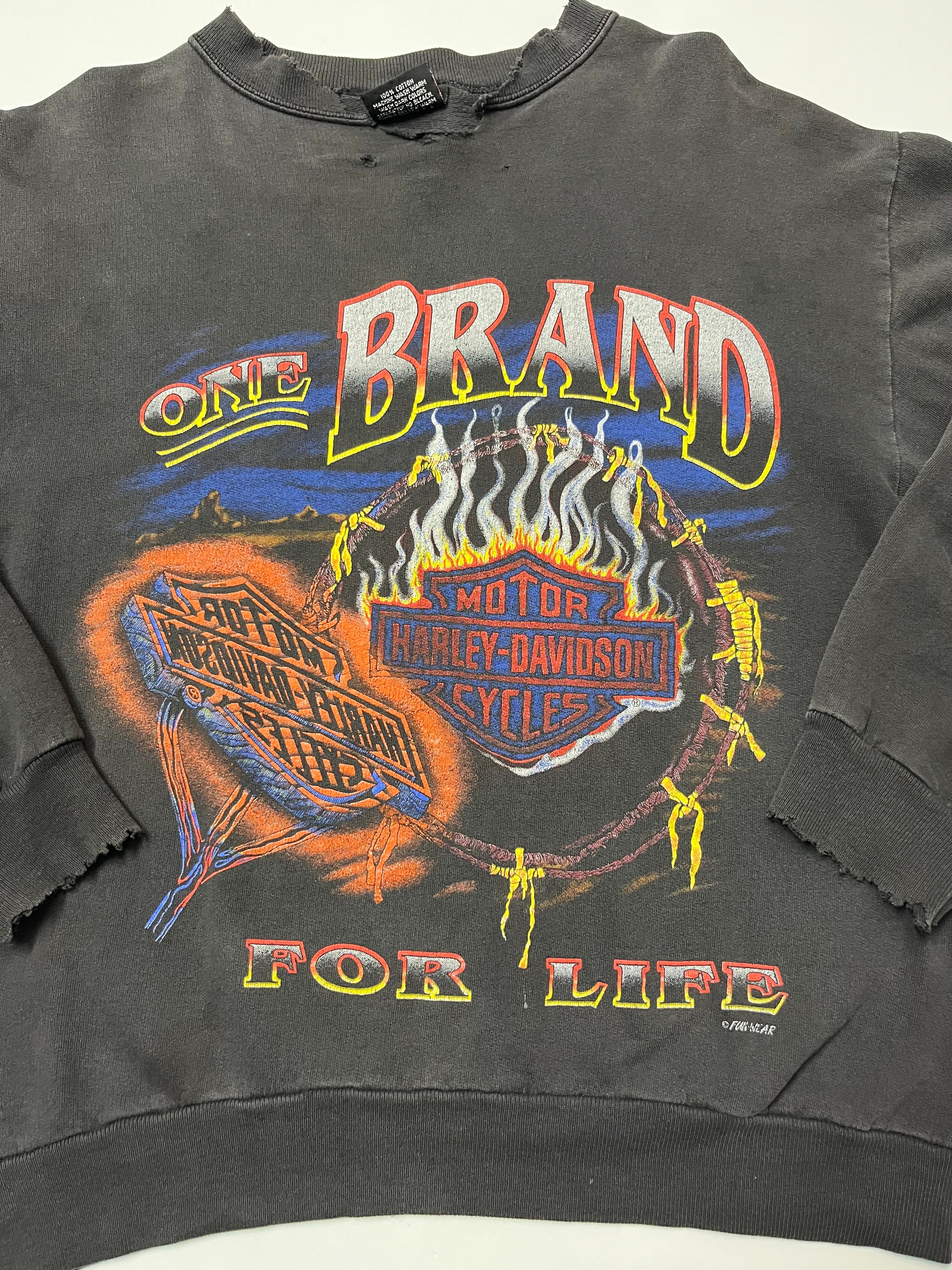 1980s Made in USA Distressed Harley-Davidson ‘One Brand For Life’ Graphic Crewneck Sweatshirt - Faded Black - S