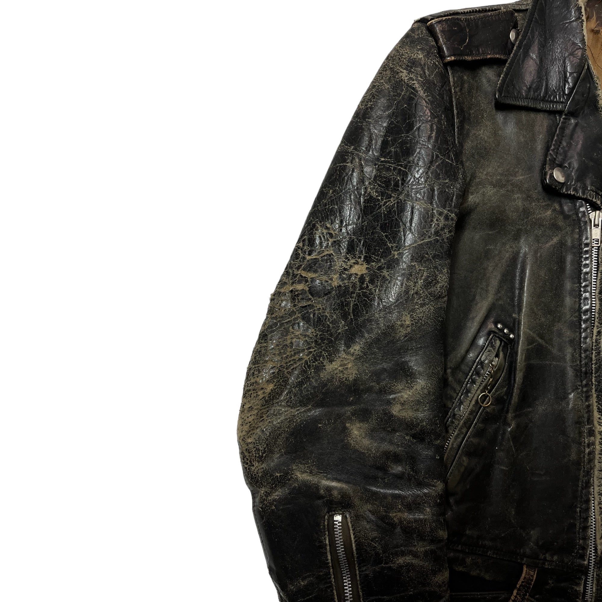 1950s Distressed Steer-hide Leather Biker Jacket - Black - S