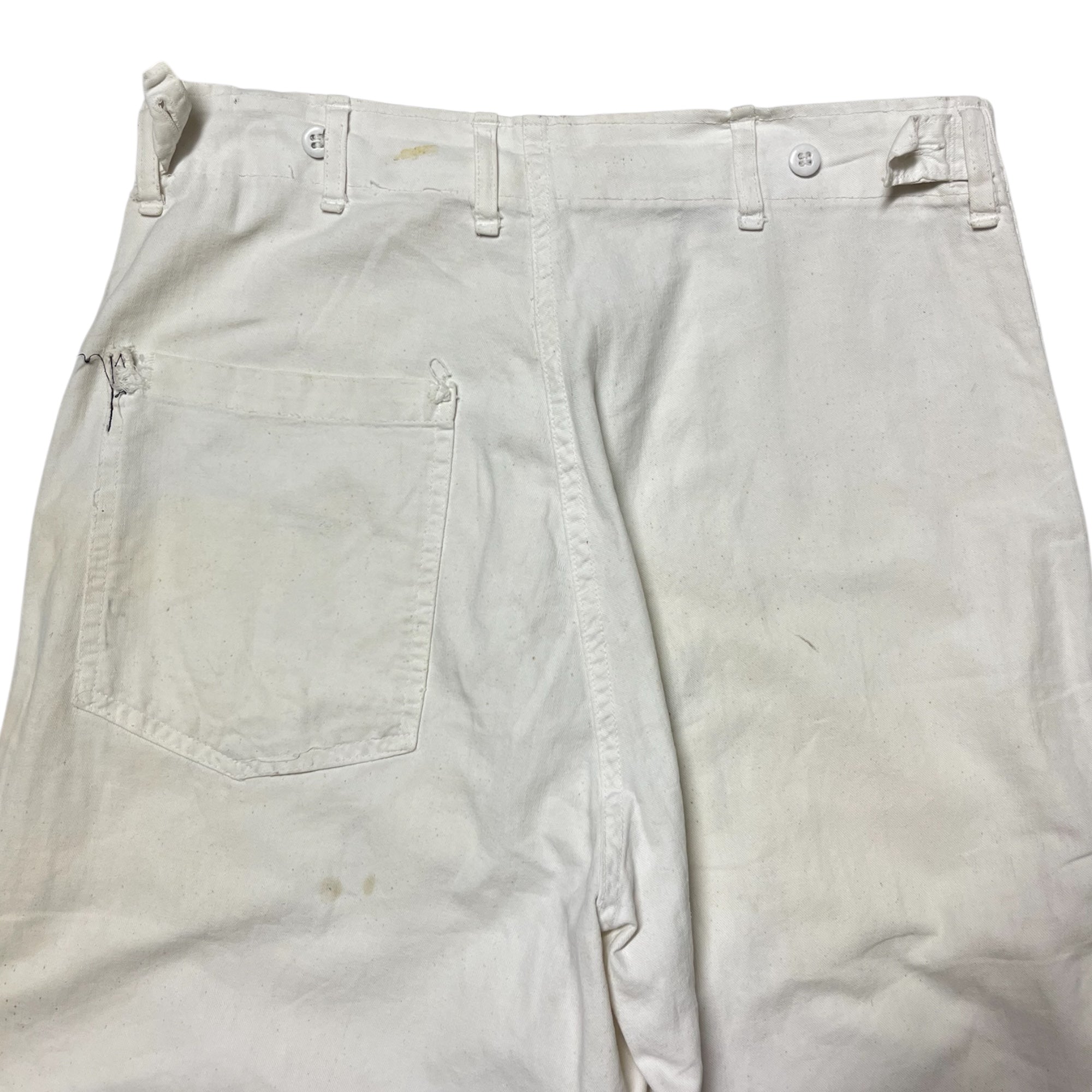 1940s WWII Naval Food Service Hand-Altered & Repaired Trousers - Aged White - 30x29