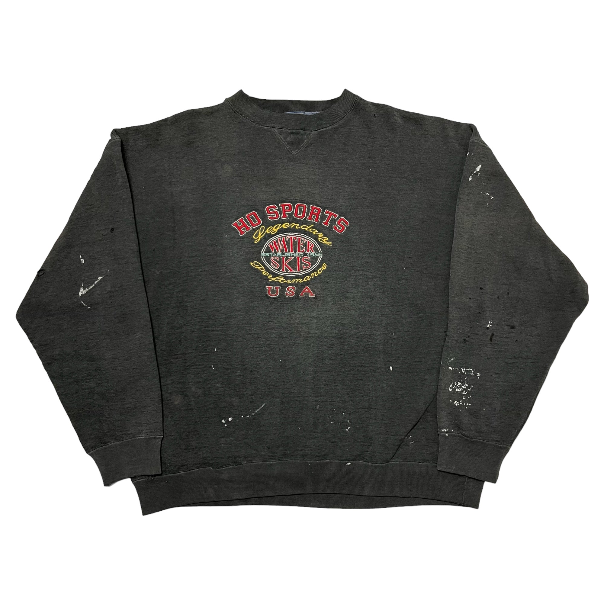1990s Embroidered ‘Ho Sports’ Distressed Crewneck Sweatshirt - Sun Faded Black - XL