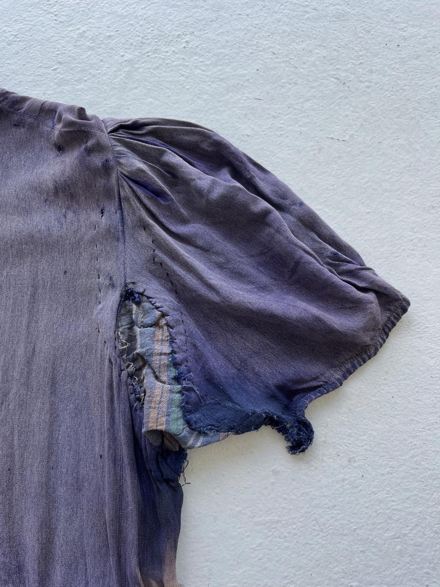 1930s Sun Faded, Thrashed & Repaired Cotton-Linen Farm Dress - Faded Purple - One Size