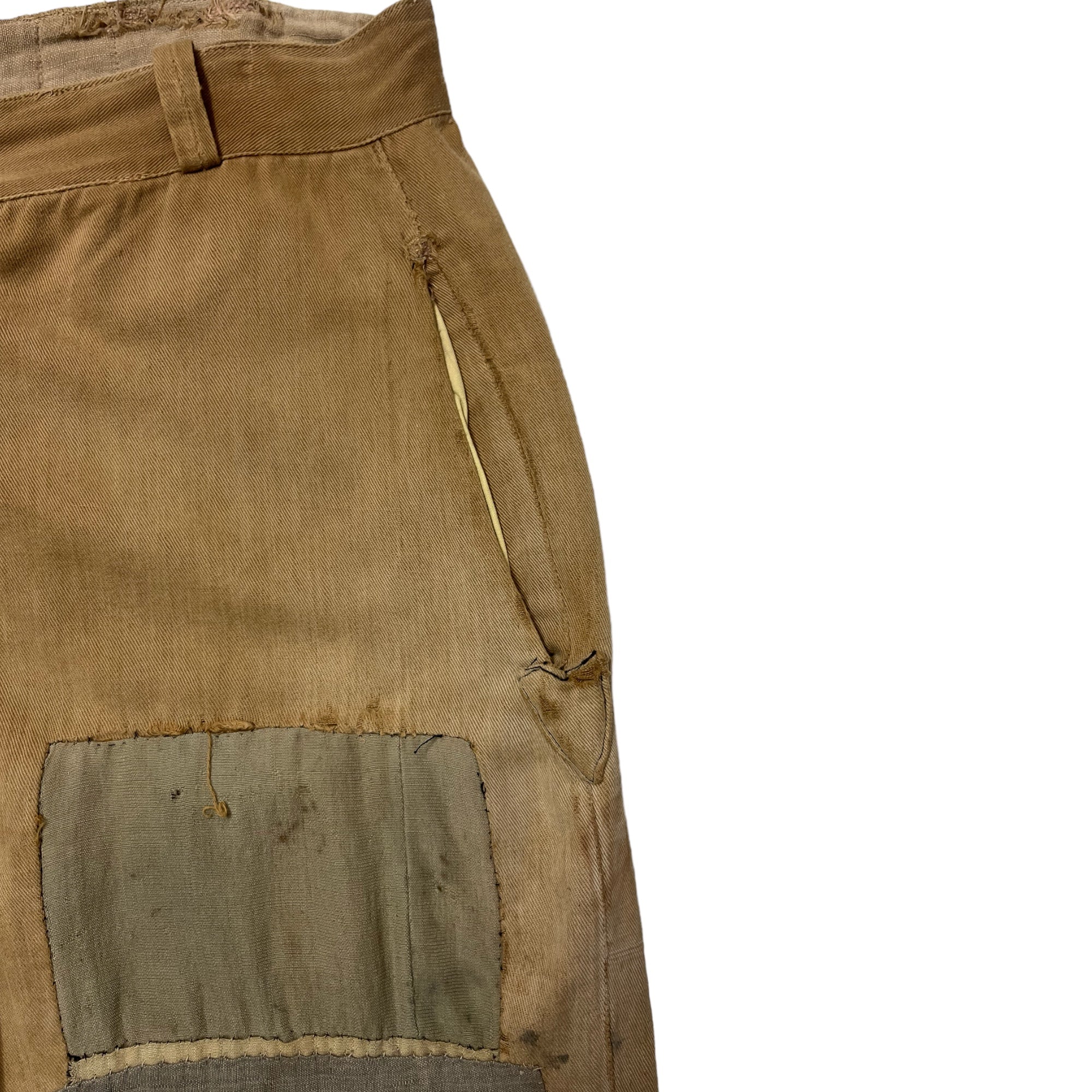 1930s Au Molinel French Tan Moleskin Heavily Repaired Work Trousers - Faded Tan - 30/27