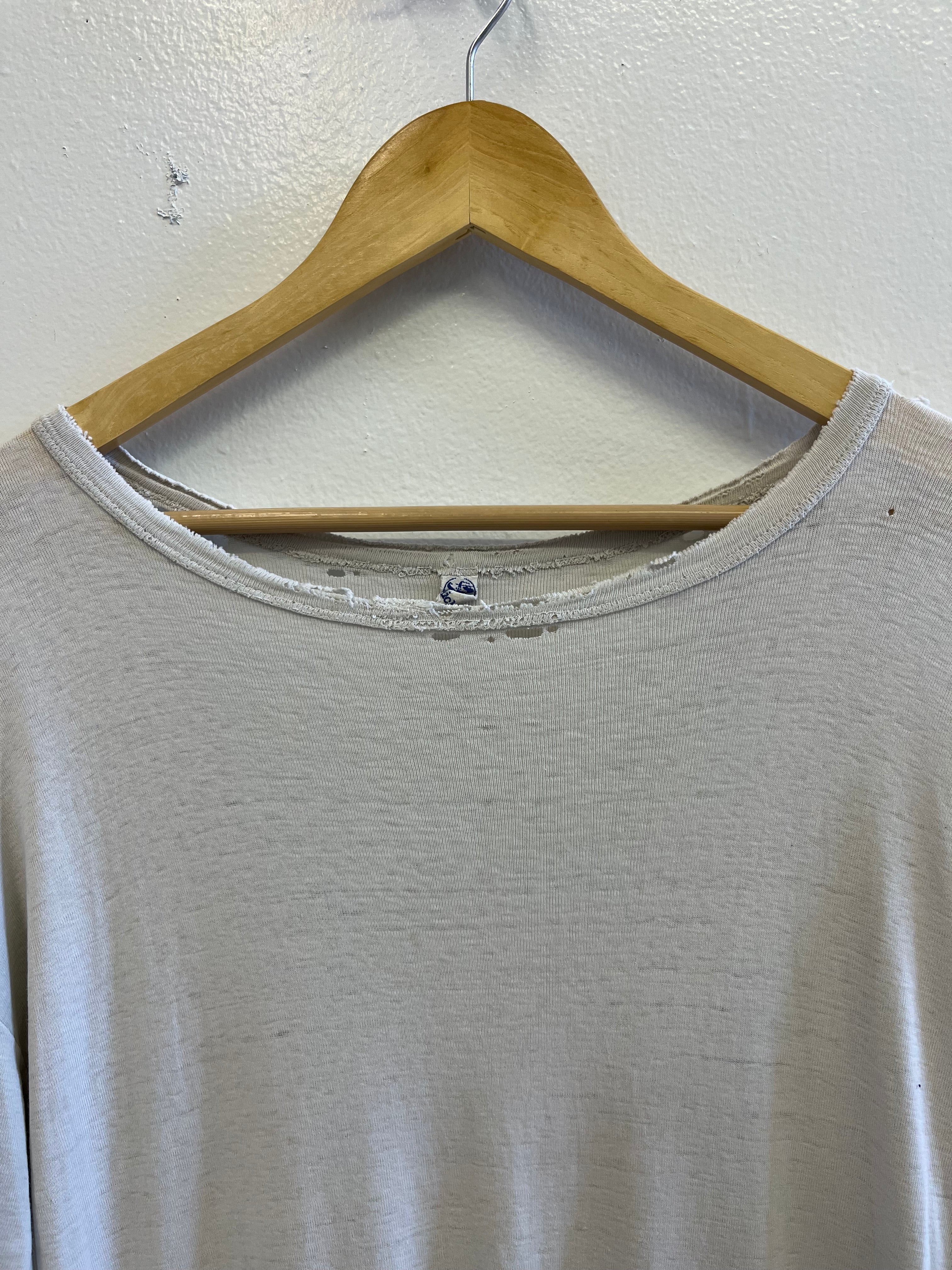 1950s French Distressed Ribbed Work T-Shirt - White - XL