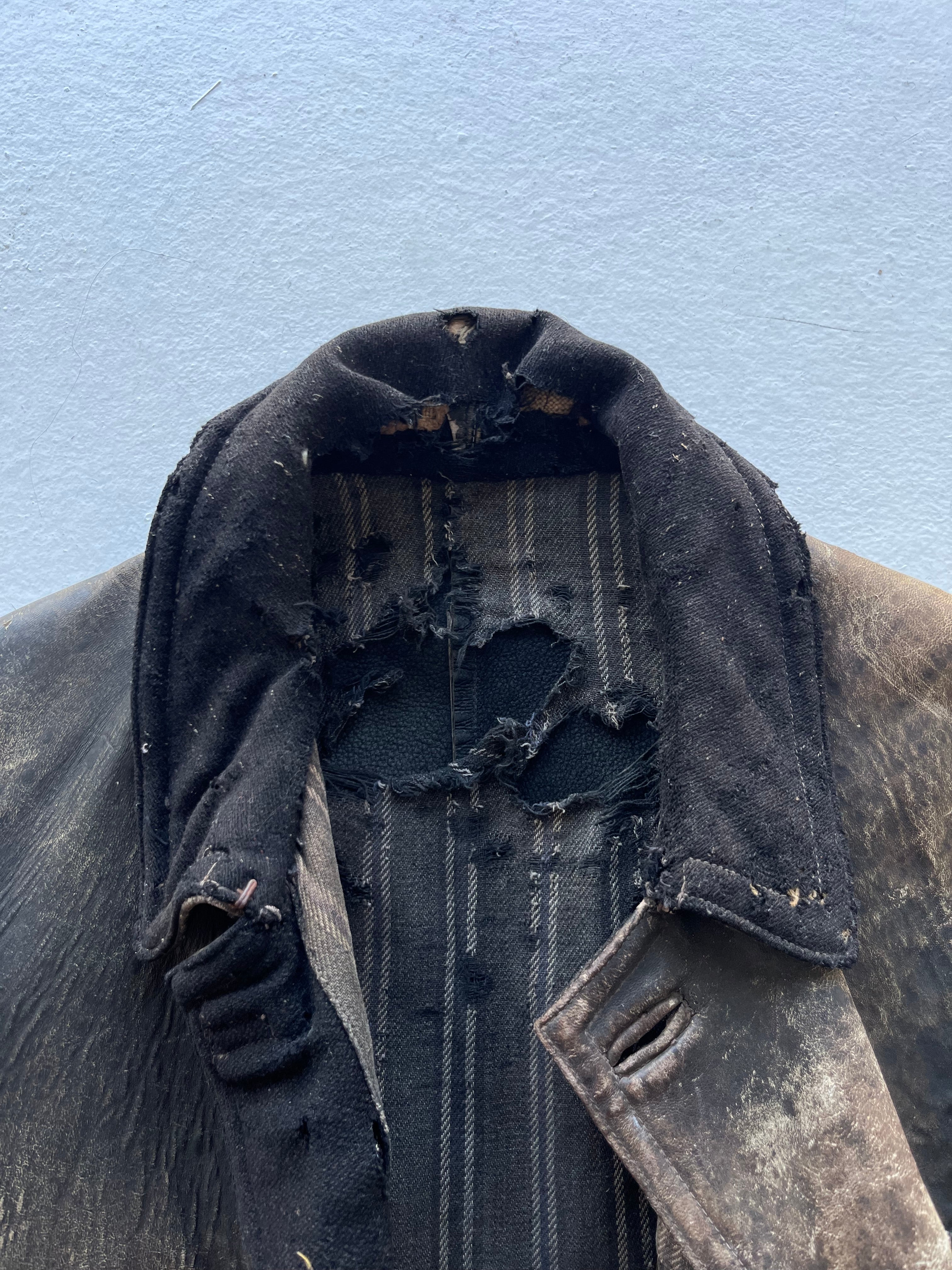 1930s Unusual French ‘Kleber’ Leather Coat with Wool Sleeves - Faded Brown - L