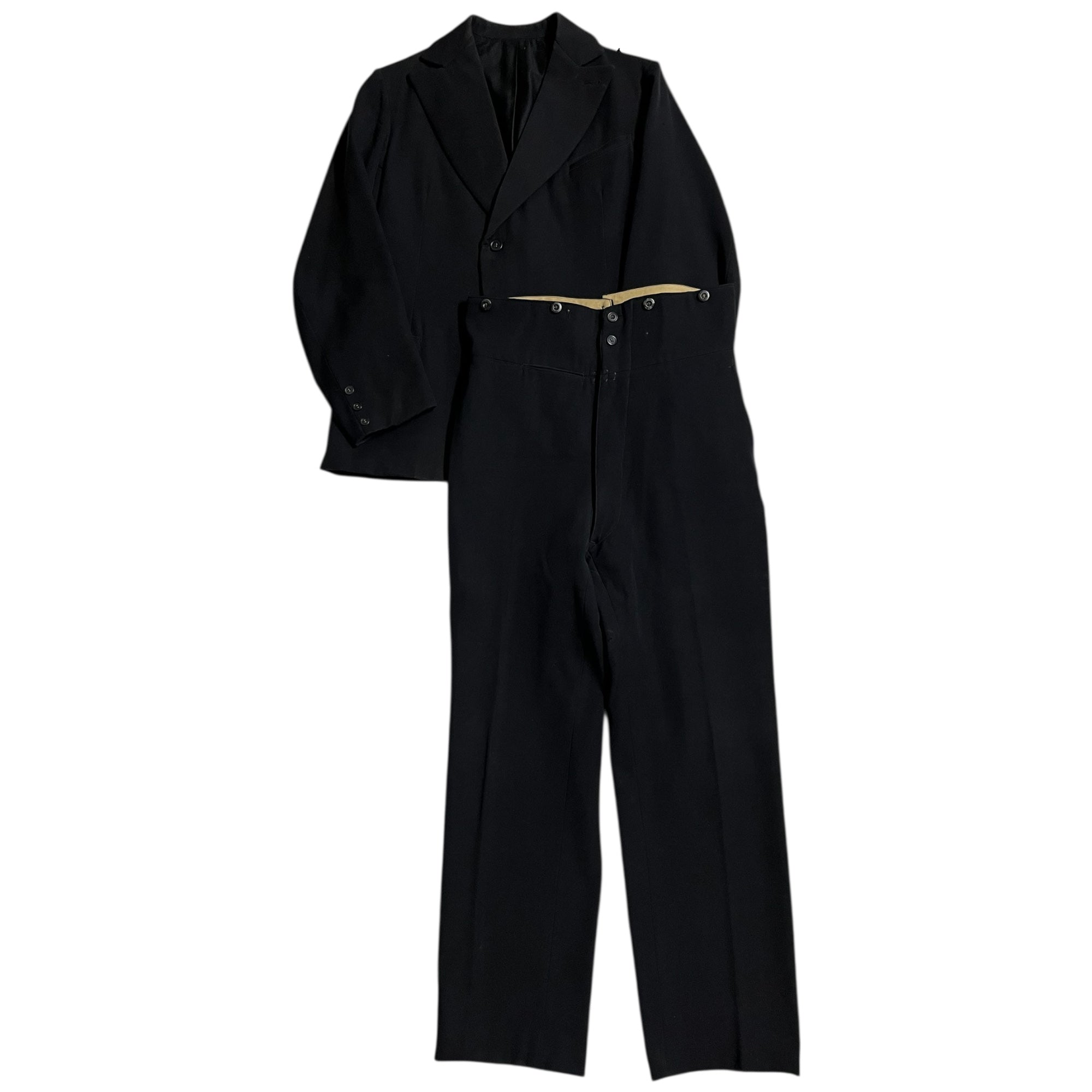 1910s French Wool Gabardine Bespoke Suit (Jacket & Trousers) - Black - M/L