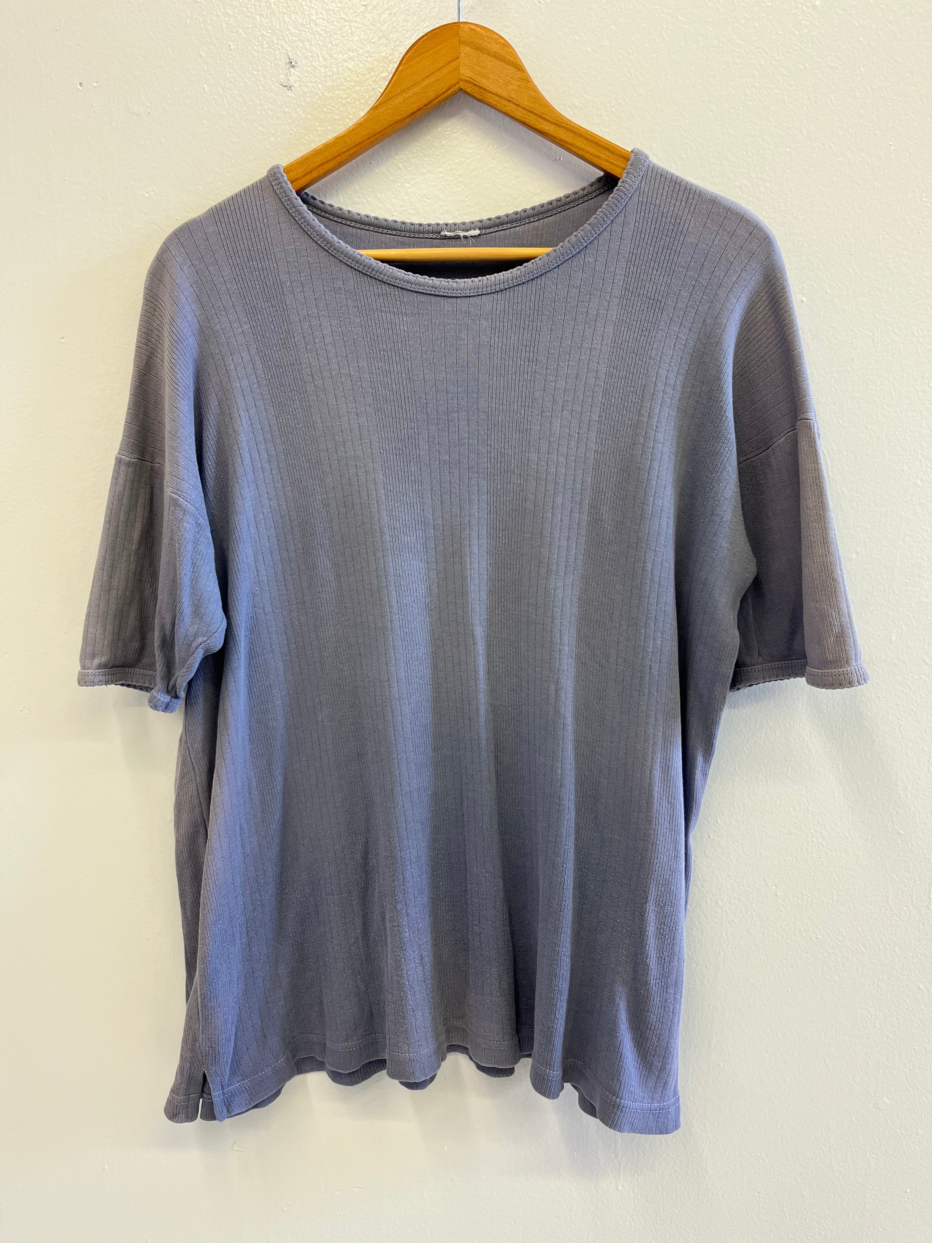 1960s French Ribbed Work T-Shirt - Faded Cornflower Blue - L