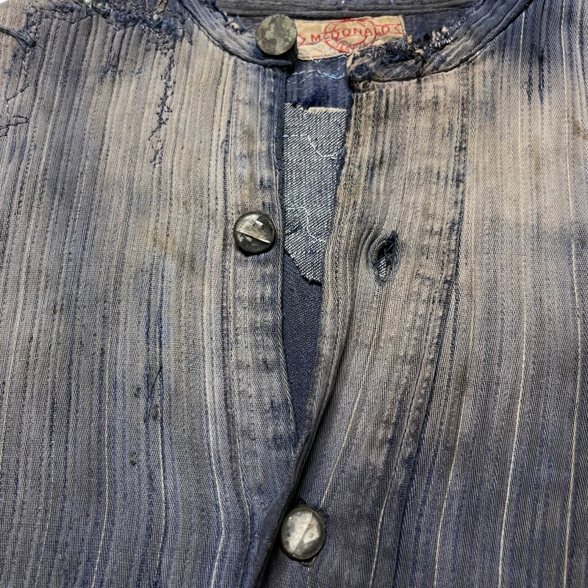 1930s McDonald Brand Indigo Popover Repaired Work Shirt - Faded Indigo Blue - L