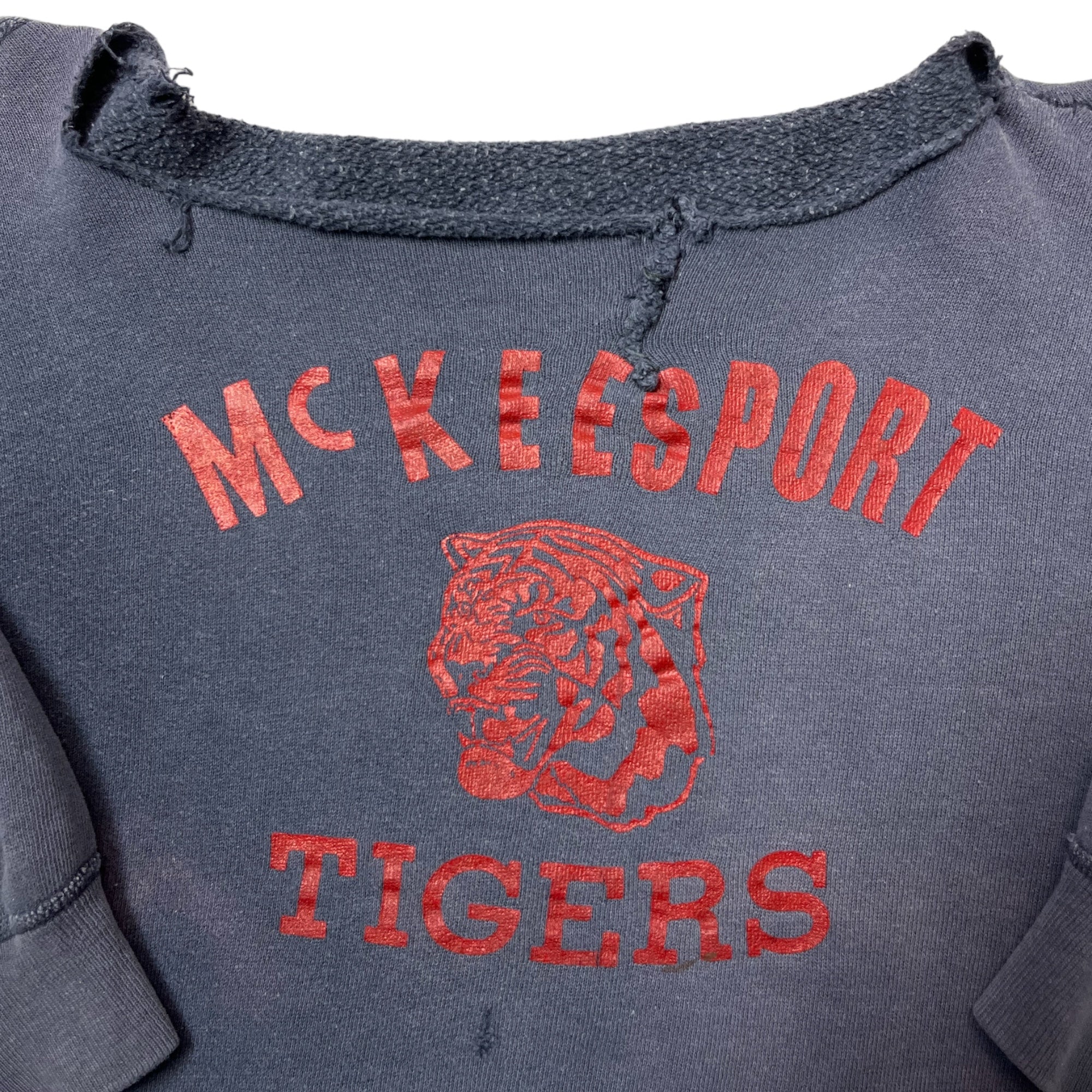 1950s ‘Property of’ McKeesport Tigers Hoodie- Turned-Crewneck - Faded Navy/Scarlet Red - S/M