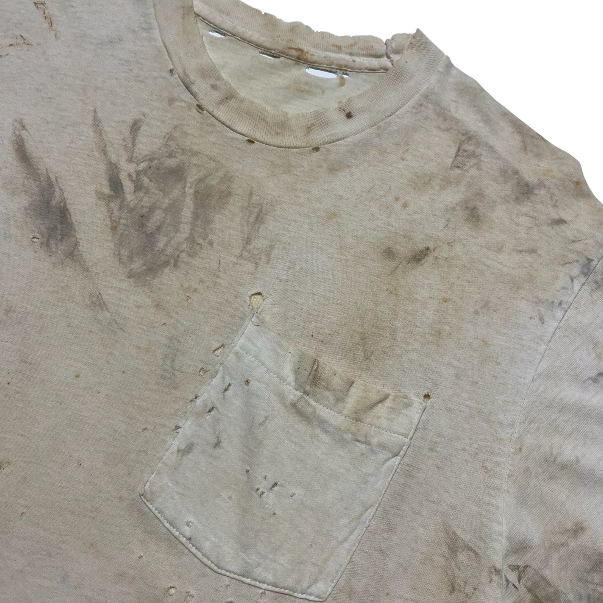 1970s Distressed Pocket T-Shirt - Stained/Aged White - M/L