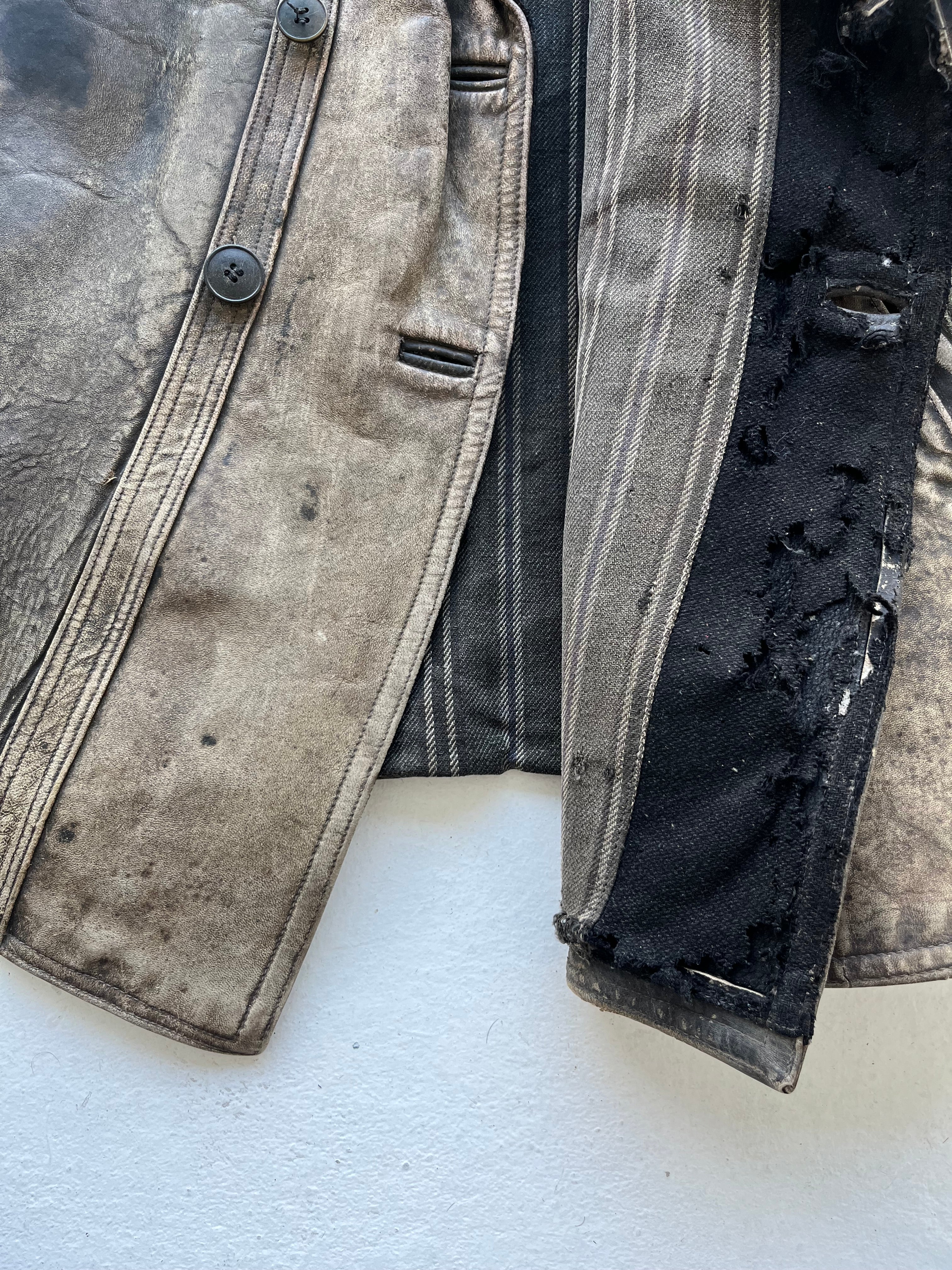 1930s Unusual French ‘Kleber’ Leather Coat with Wool Sleeves - Faded Brown - L