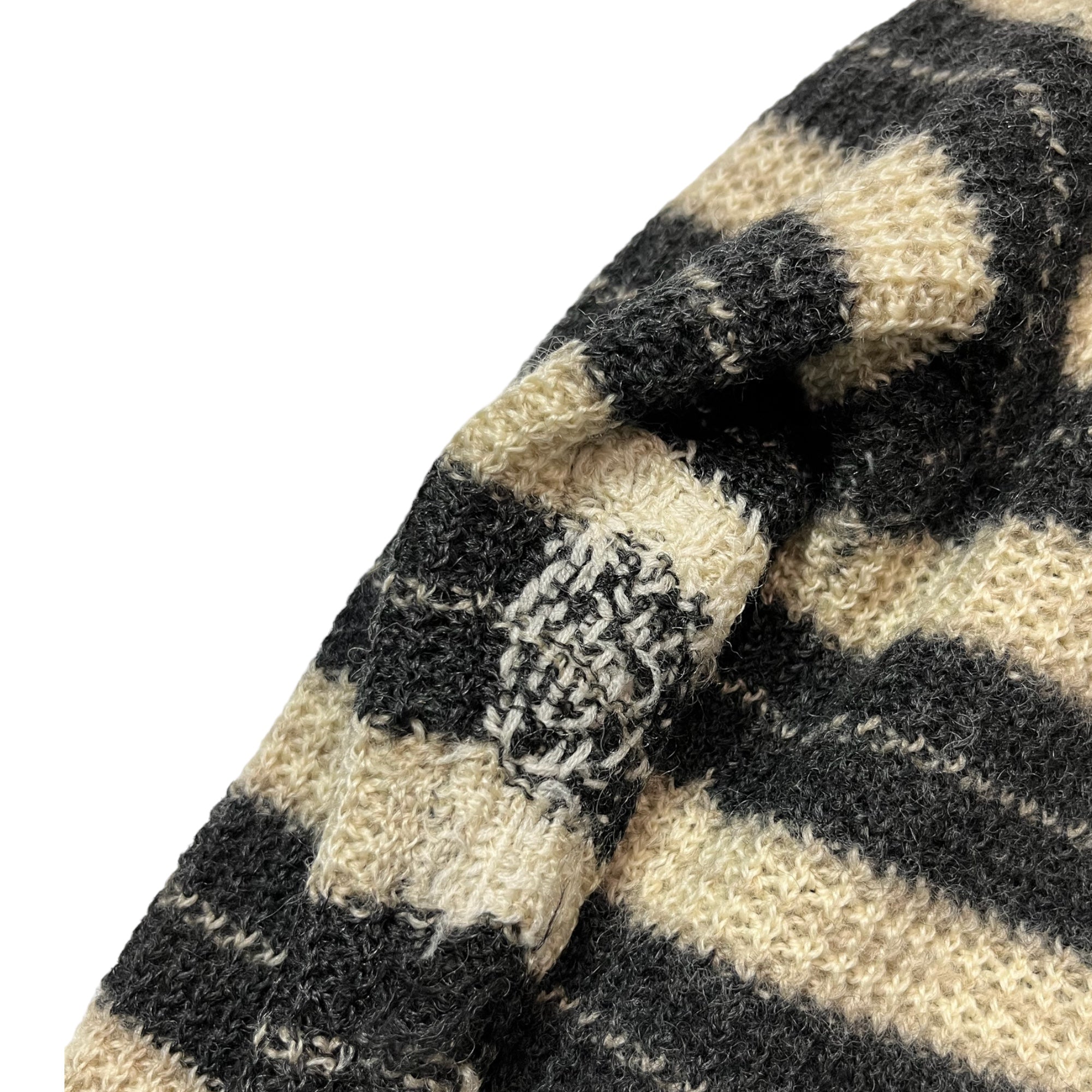 1940s Distressed French Striped Button-Up Knit Sweater Shirt with Darning - Cream/Black - S/M