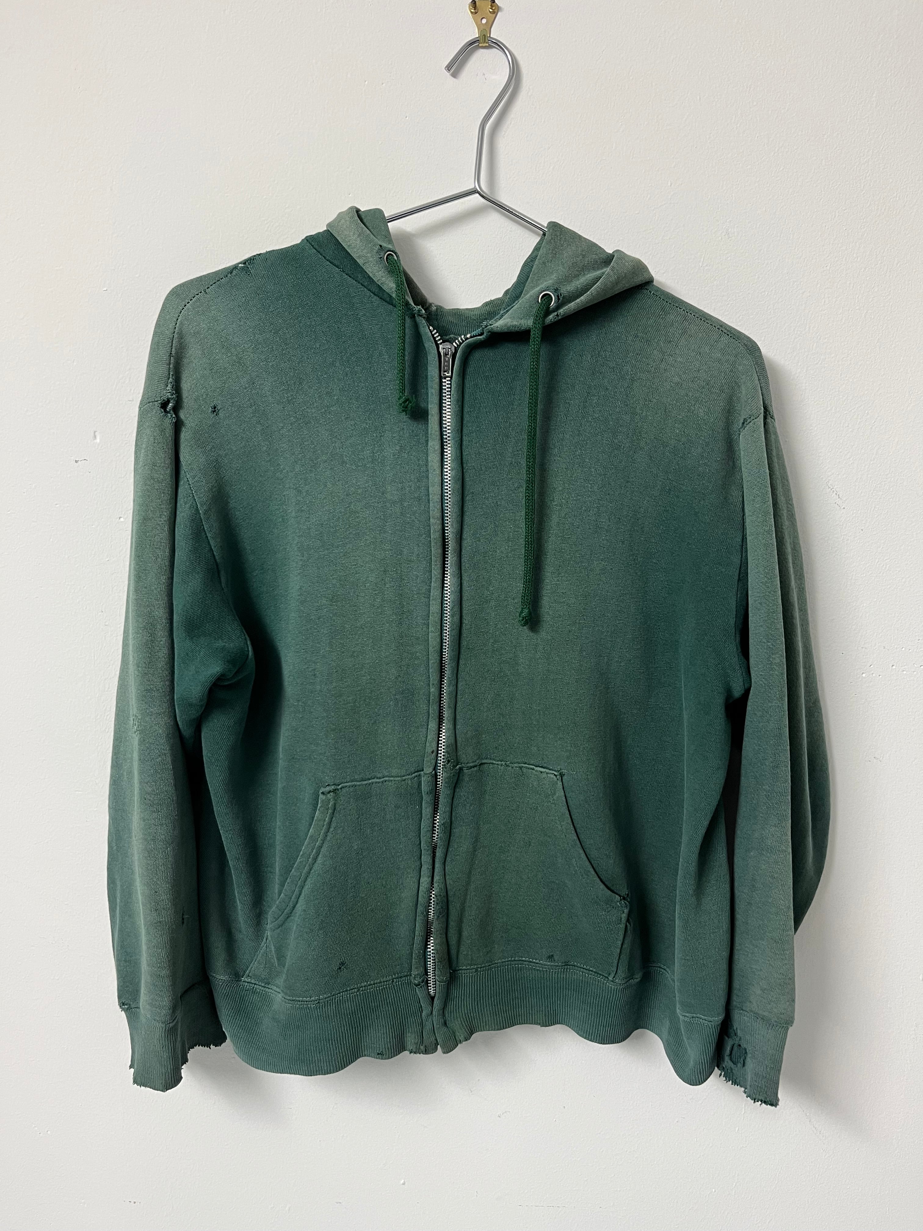 Sun Faded Early ‘70s Zip Hoodie With Repairs - Faded Green - S/M