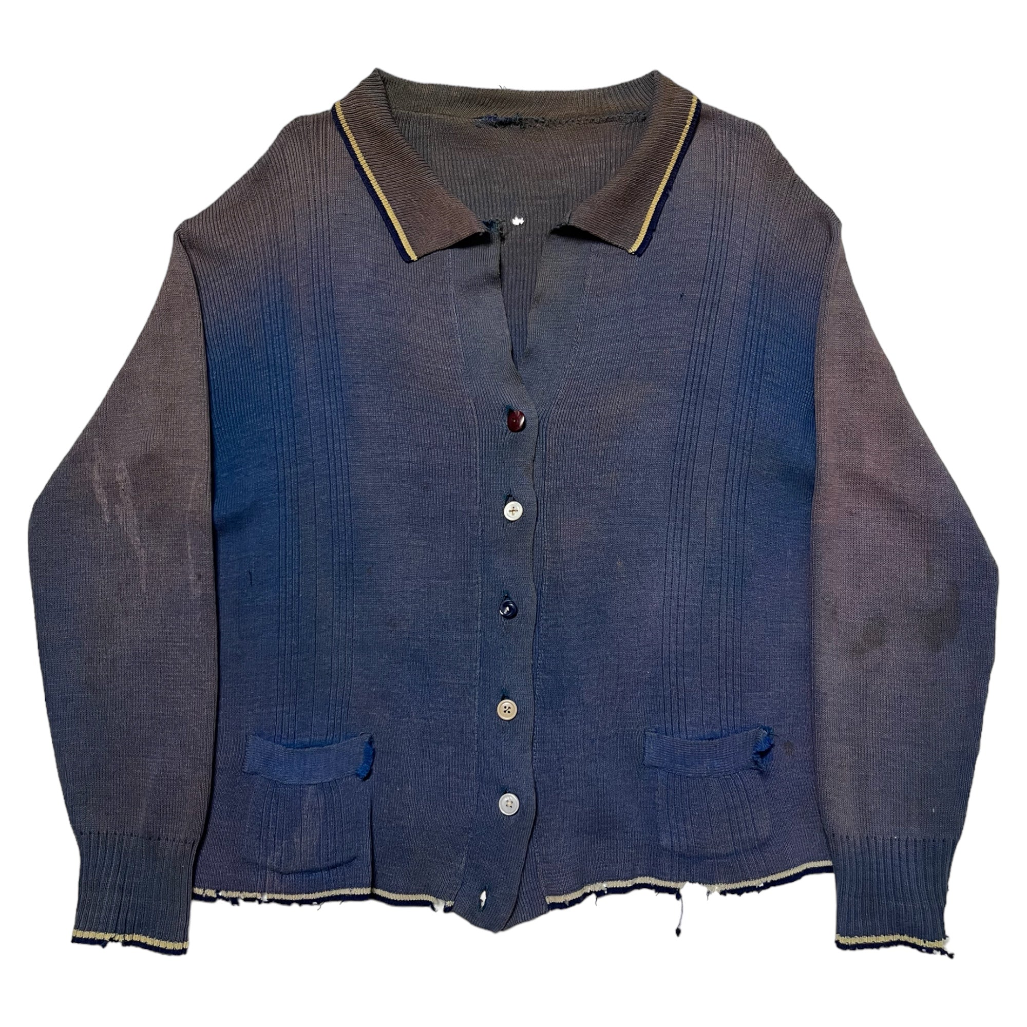 1940s Sun Faded German Knit Collared Cardigan Sweater - Blue/Brown - S/M