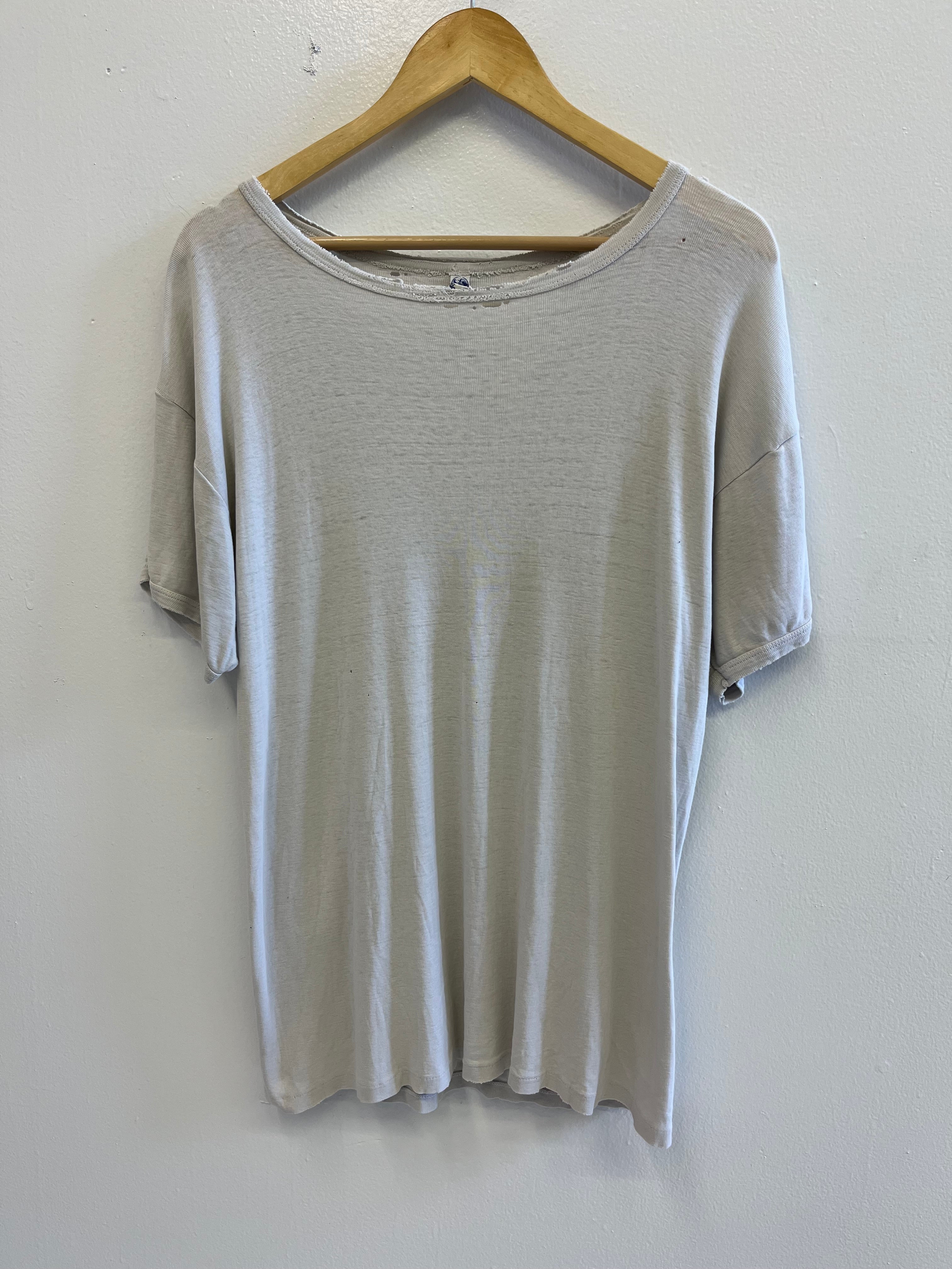1950s French Distressed Ribbed Work T-Shirt - White - XL