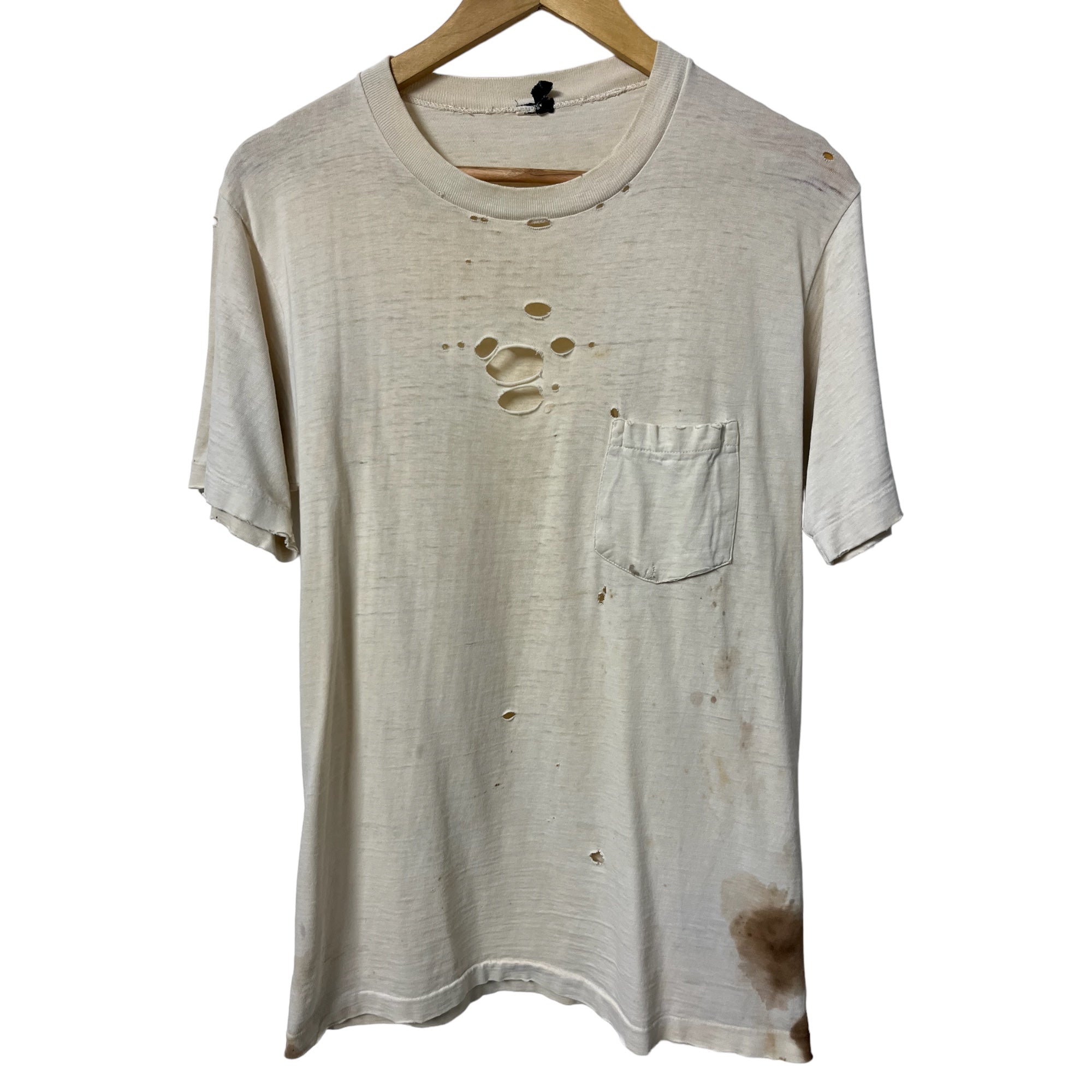 1960s White Thrashed Pocket T-Shirt - Aged White - L