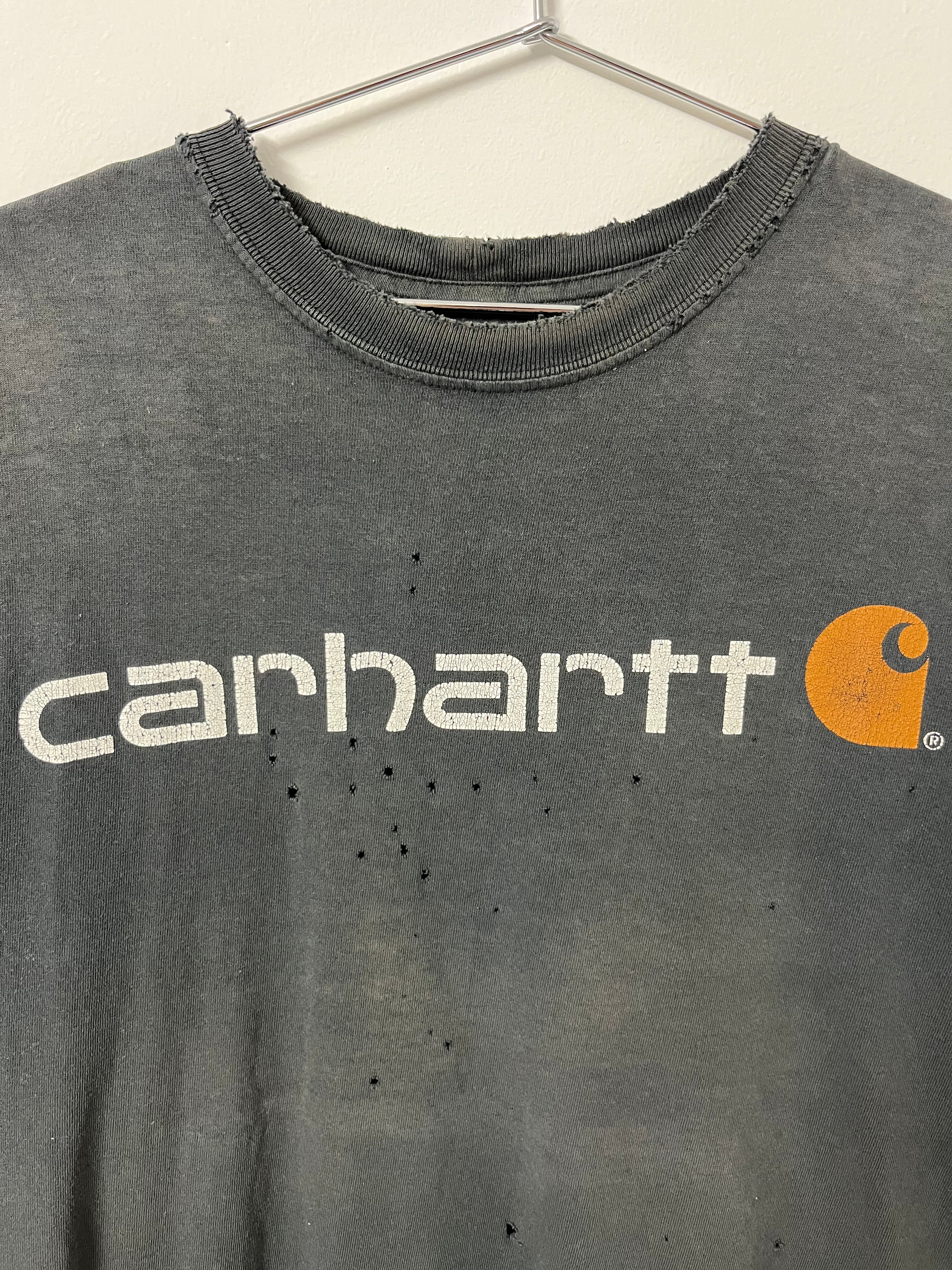 Vintage Trashed Carhartt Logo Graphic Distressed T-Shirt - Faded Black - S/M